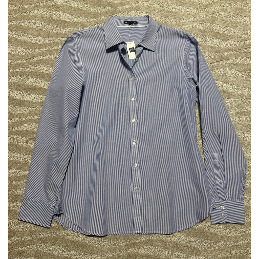 New GAP Women Fitted Blue & White Striped Button Up Shirt Long Sleeve NWT 2009