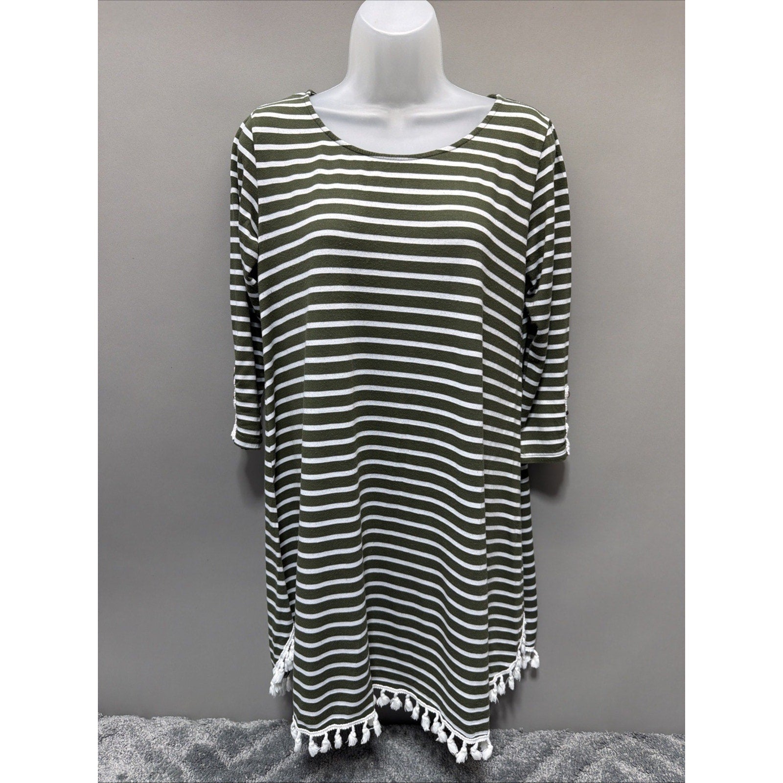 Jodifl green and white striped soft dress with fringe hem lace button detail S