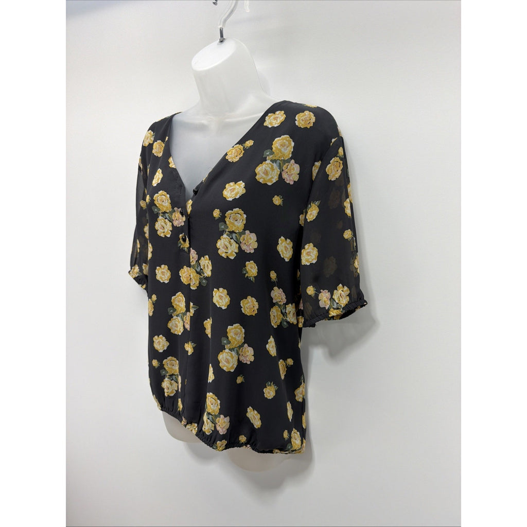 Loft Size XL Top Floral Print Drapey V-Neck Black Lined Blouse Button Front