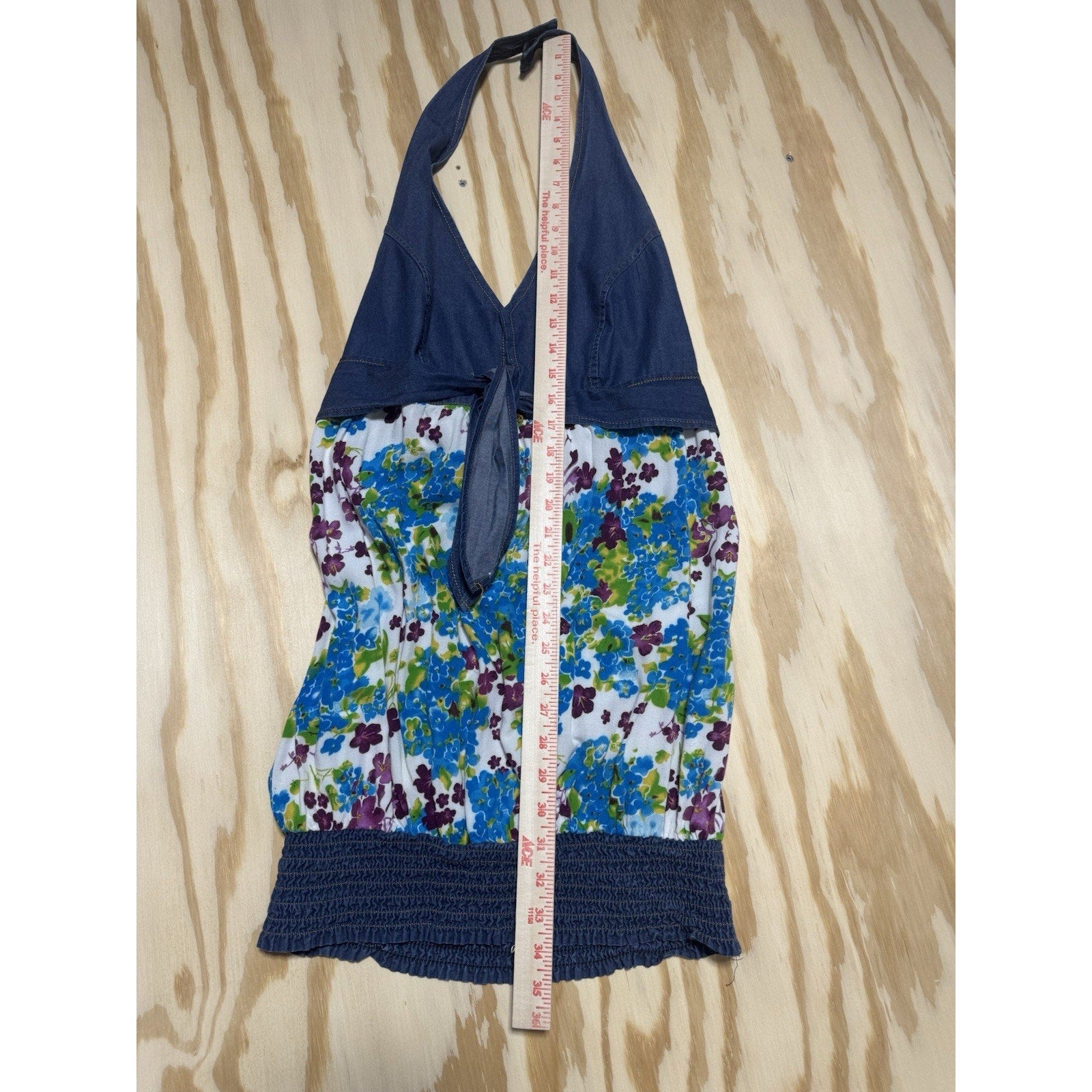 Y2K Denim Halter Dress Floral Bubble Hem Tie Waist Open Back Boho Festival Large