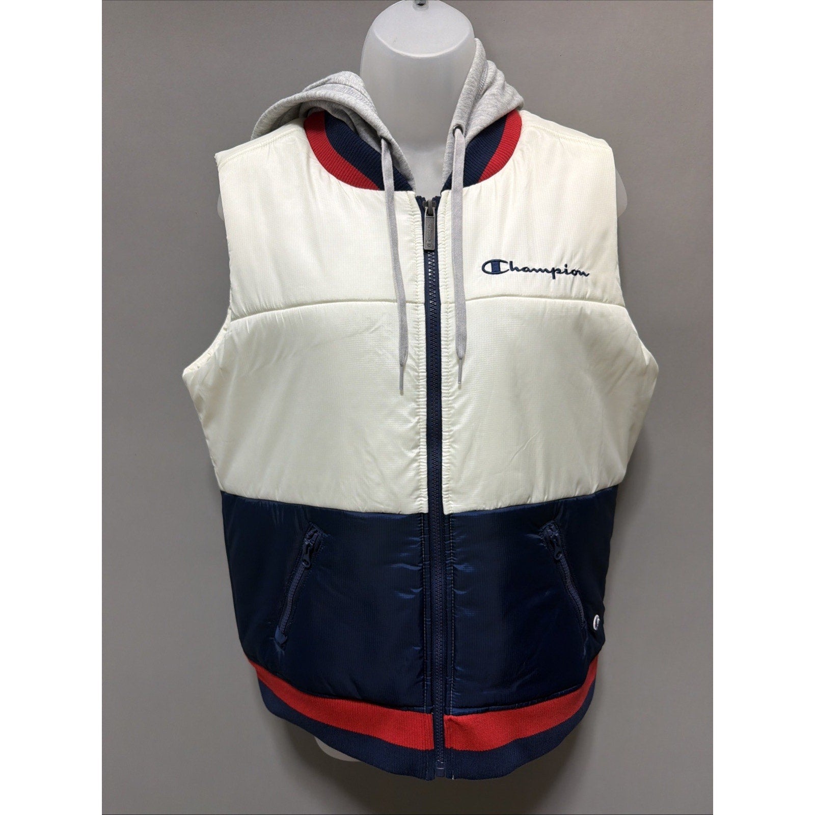 Champion Puffer Vest Womens Medium Hooded Colorblock Red White Blue Full Zip