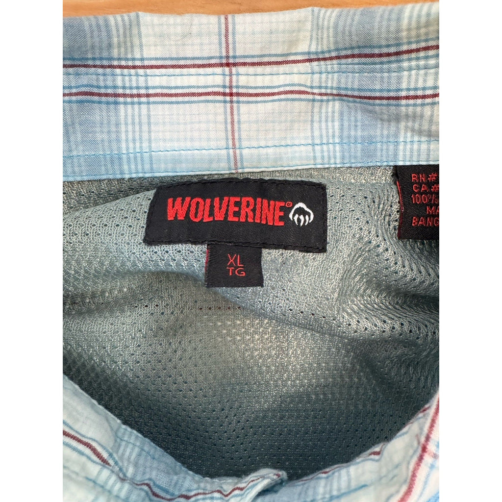 WOLVERINE Fishing Shirt White Blue Plaid 100% Cotton Men's XL