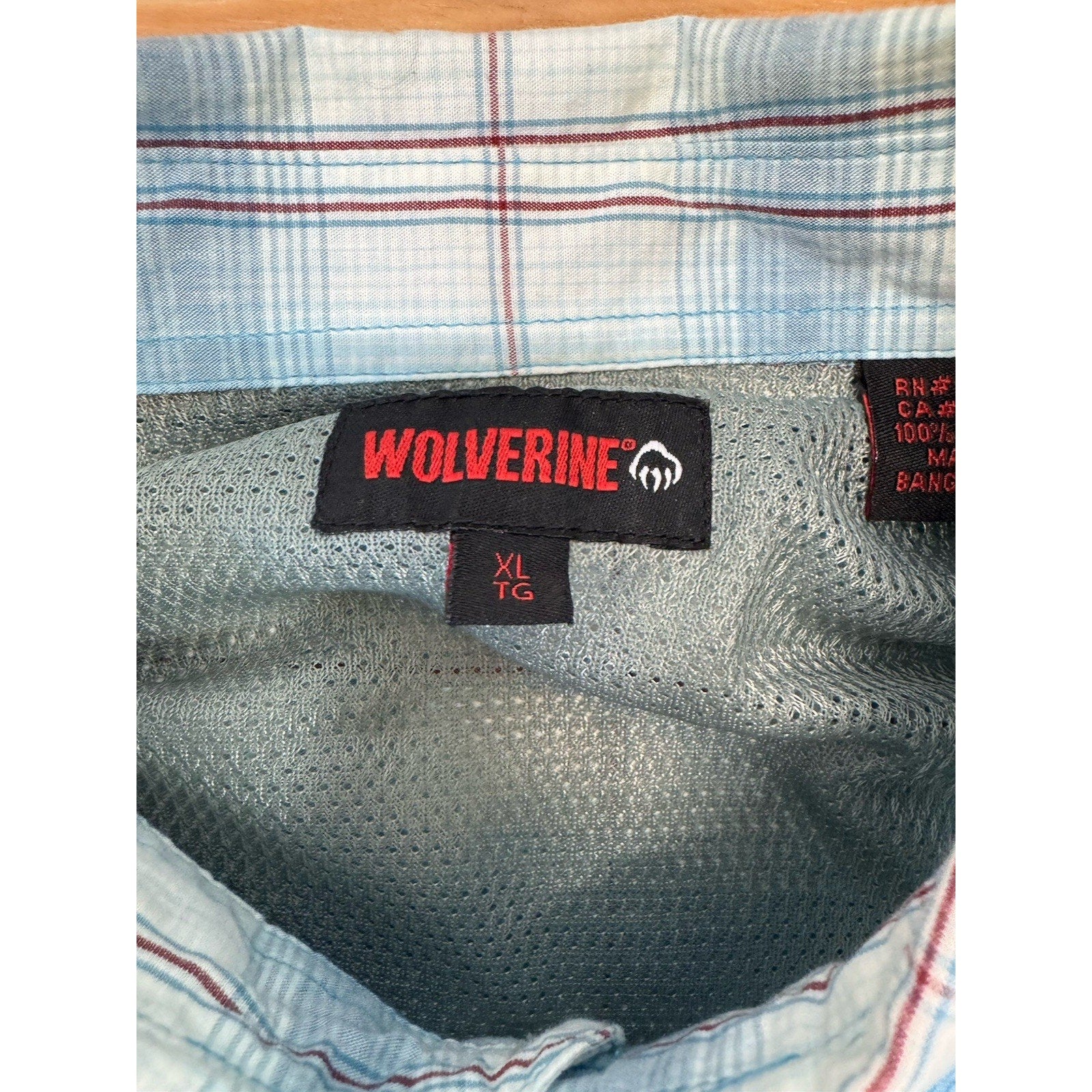 WOLVERINE Fishing Shirt White Blue Plaid 100% Cotton Men's XL