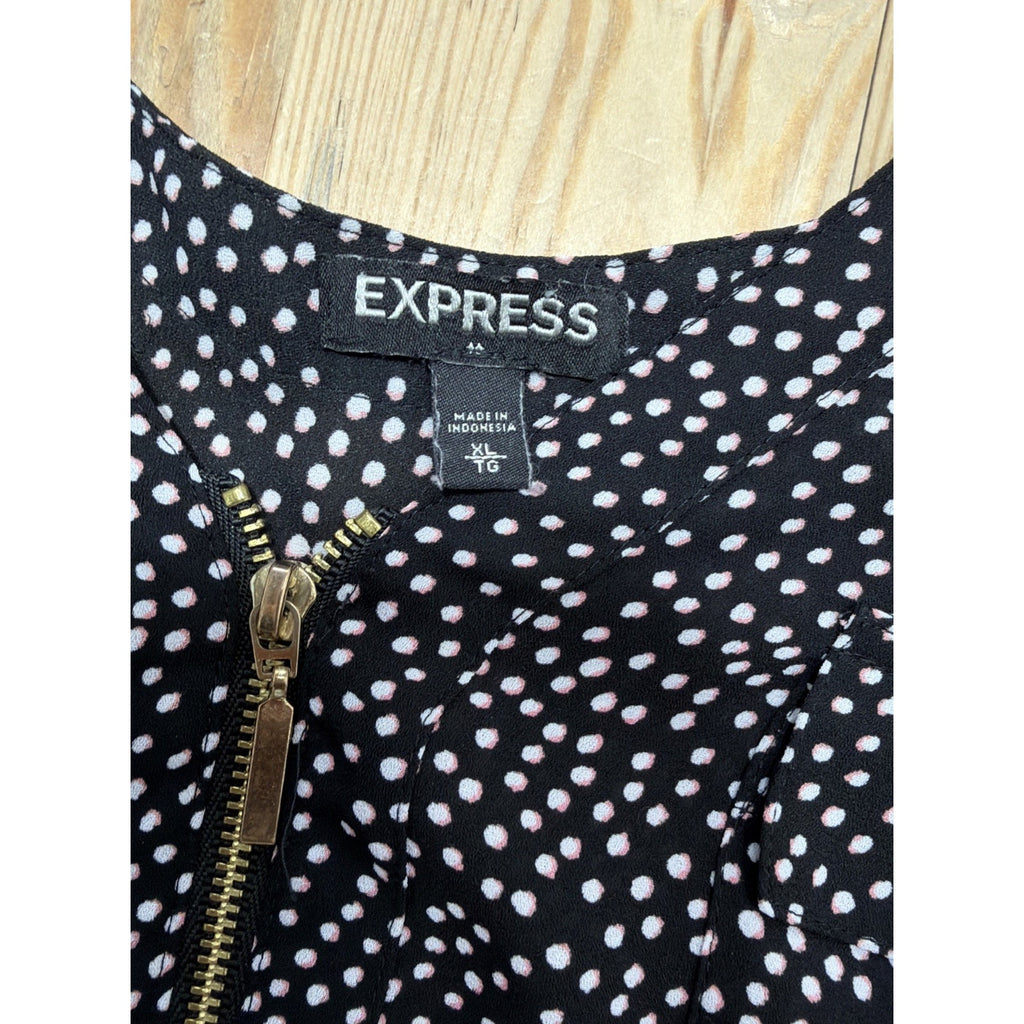 EXPRESS Black White Zipper V-Neck Career Top Roll Up Tab Sleeve XL