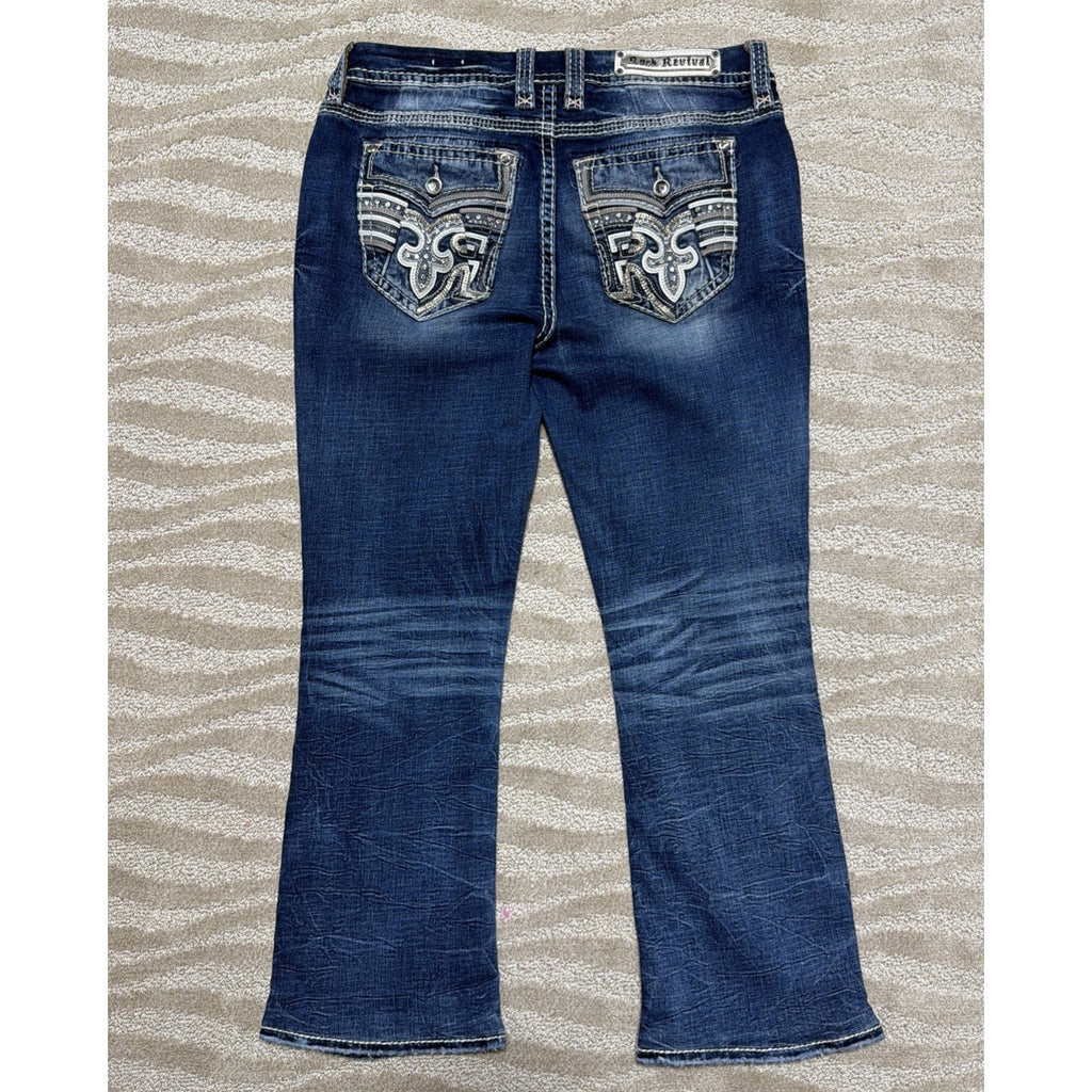 Rock Revival Fiery Red Easy Boot Denim Blue Jeans Embellished MidRise 31x28 Hem