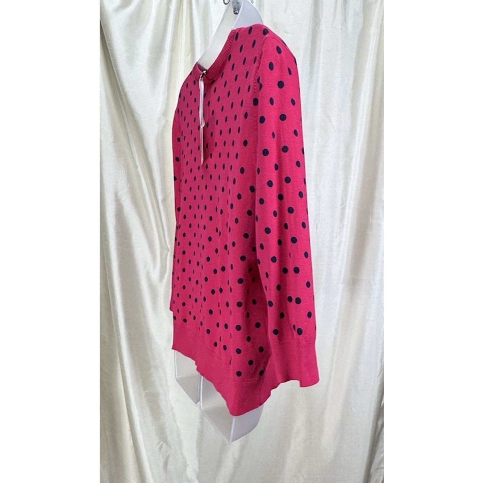 Ellen Tracy Women's Cardigan Sweater Size Large Pink Blue Polkadots 3/4 Sleeve