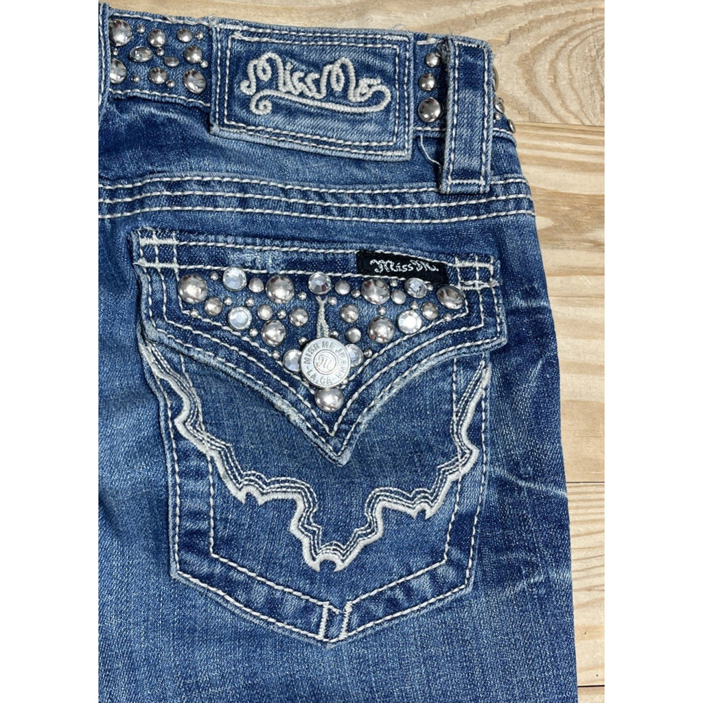 Miss Me Low Rise Bootcut women's jeans, size 26, embellished medium wash blue