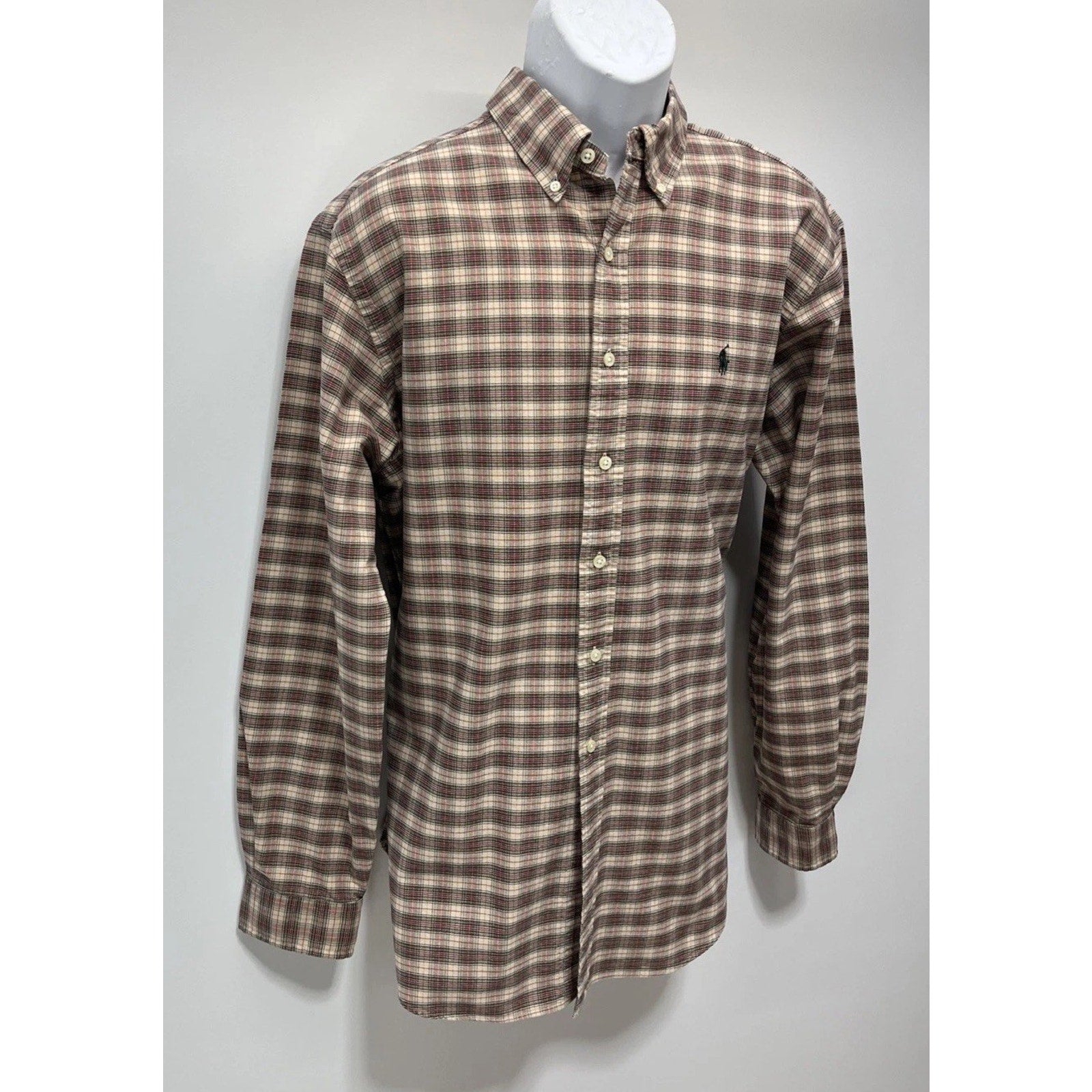 Ralph Lauren Classic Fit Shirt Mens XL Brown Check Button Up Green Pony