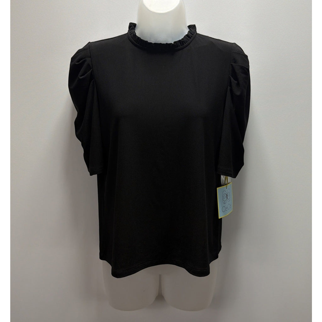 CeCe by Cynthia Steffe Black Puff Sleeve Ruffle Neck Blouse Top Women’s M NWT