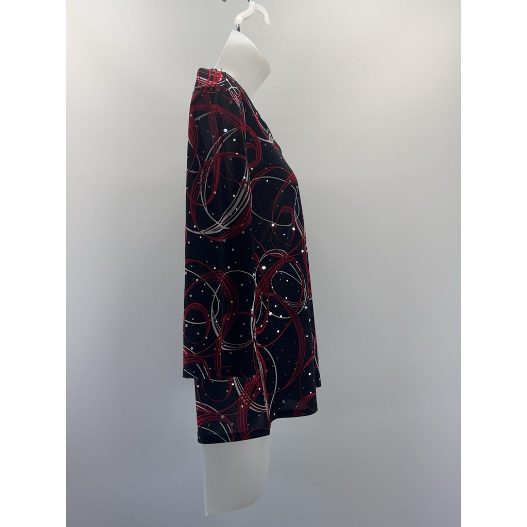 Brittany Black Shirt Black Red Geometric Long Sleeve Bling Pullover Women’s S