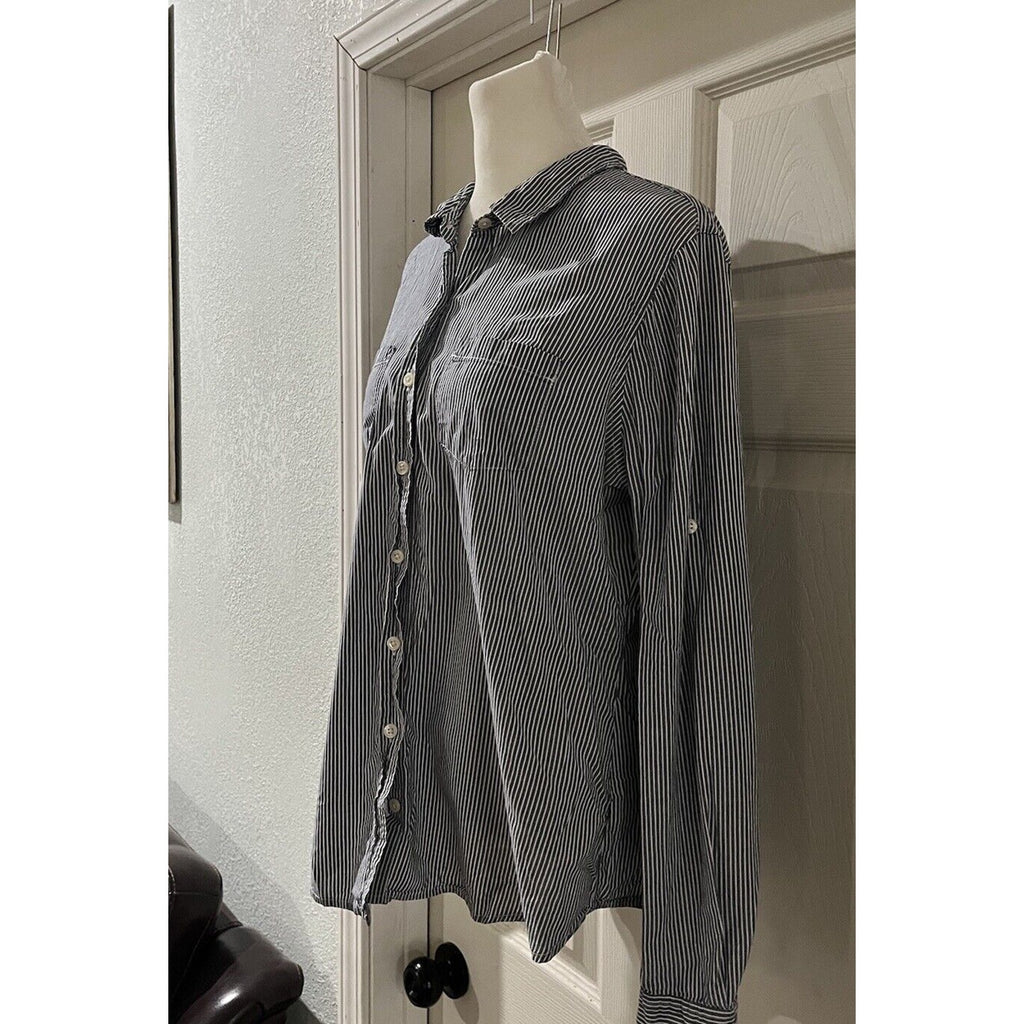 MOSSIMO Women's Gray/White Striped Full Button Down Long Sleeve Shirt Size M