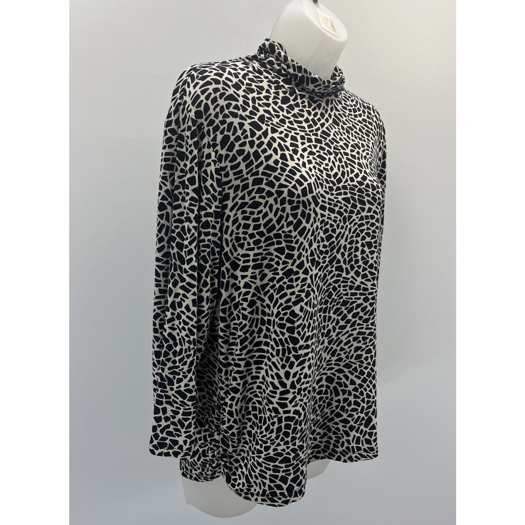 Chico's Black & Beige Animal Print Mock Neck Stretch Blouse, Size 2