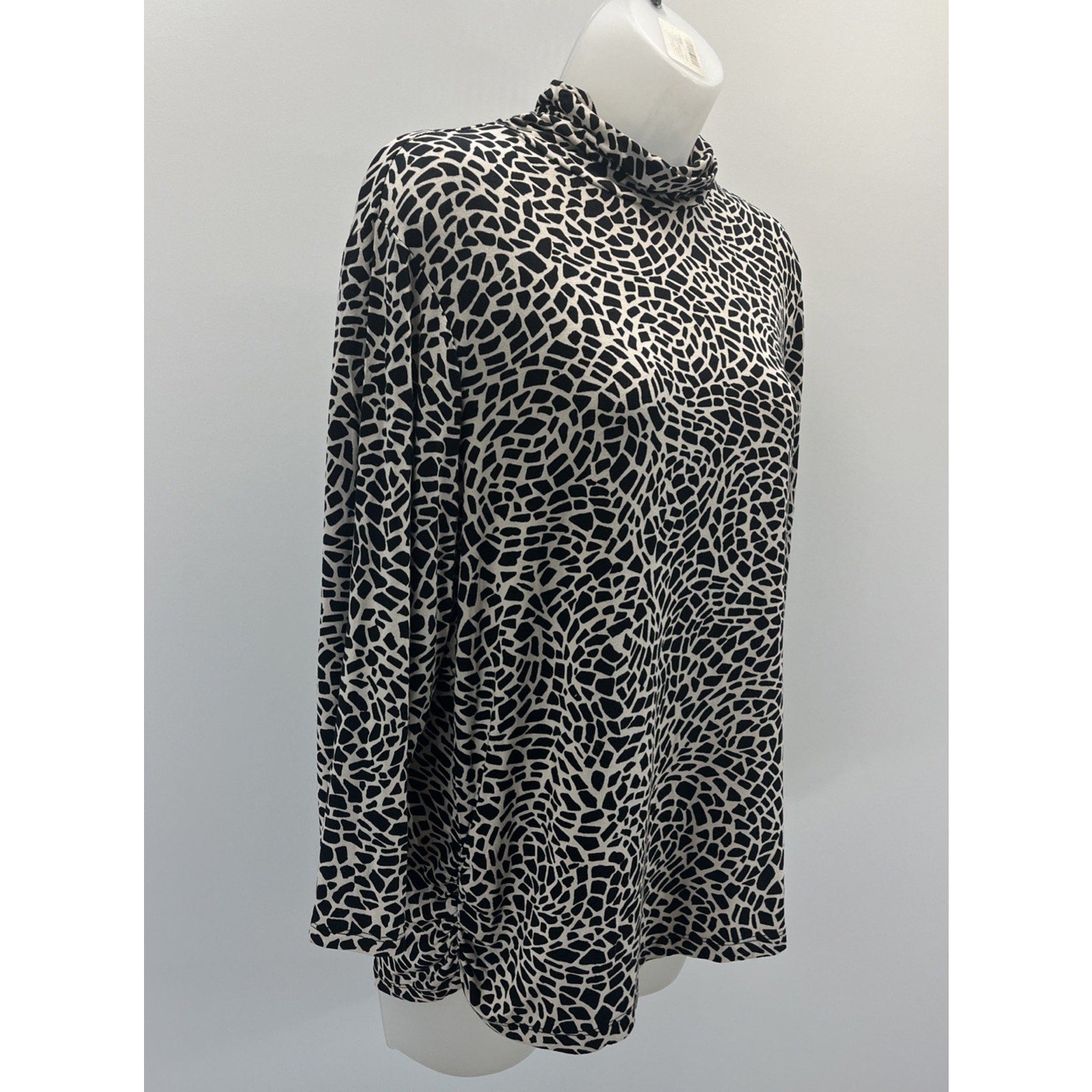 Chico's Black & Beige Animal Print Mock Neck Stretch Blouse, Size 2