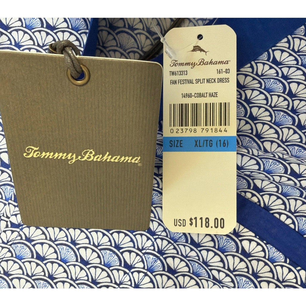 Tommy Bahama Fan Festival Split Neck Dress Size XL Blue Sea Shells NWT