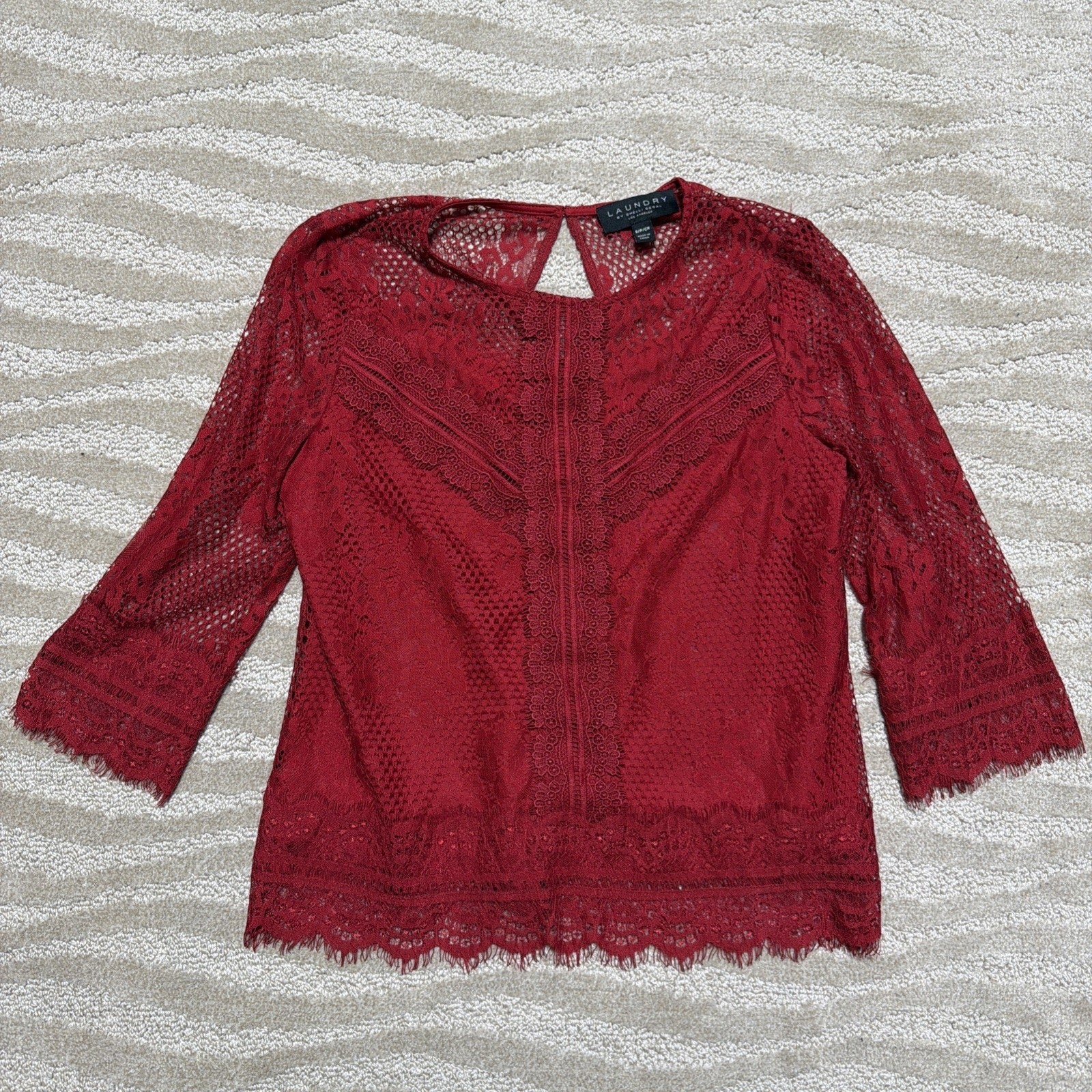 Laundry by Shelli Segal Lace Blouse Small Red 3/4 Bell Sleeve Eyelash Hem Top
