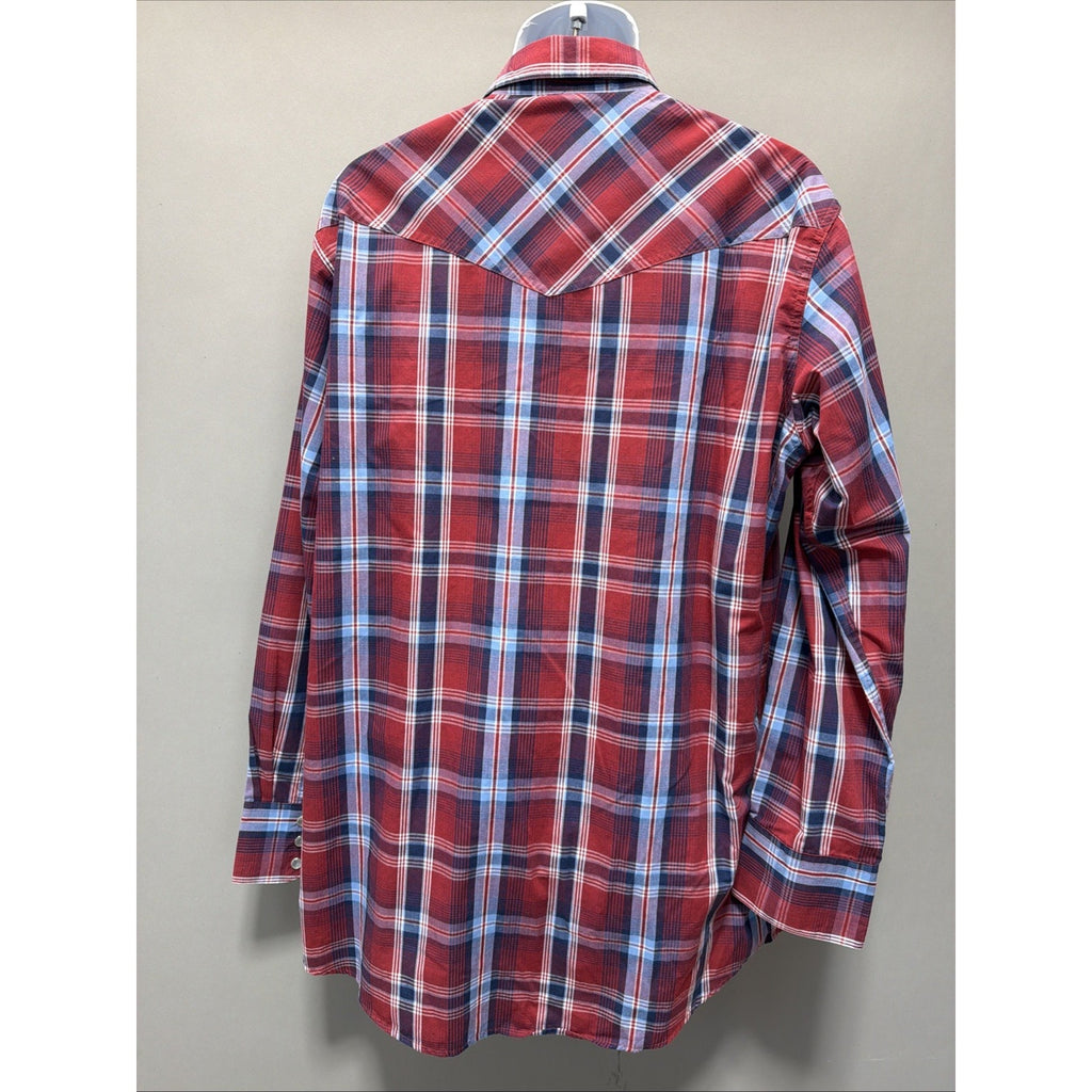 High Noon Western Shirt Mens Large Tall Red Blue Plaid Pearl Snap Long Sleeve