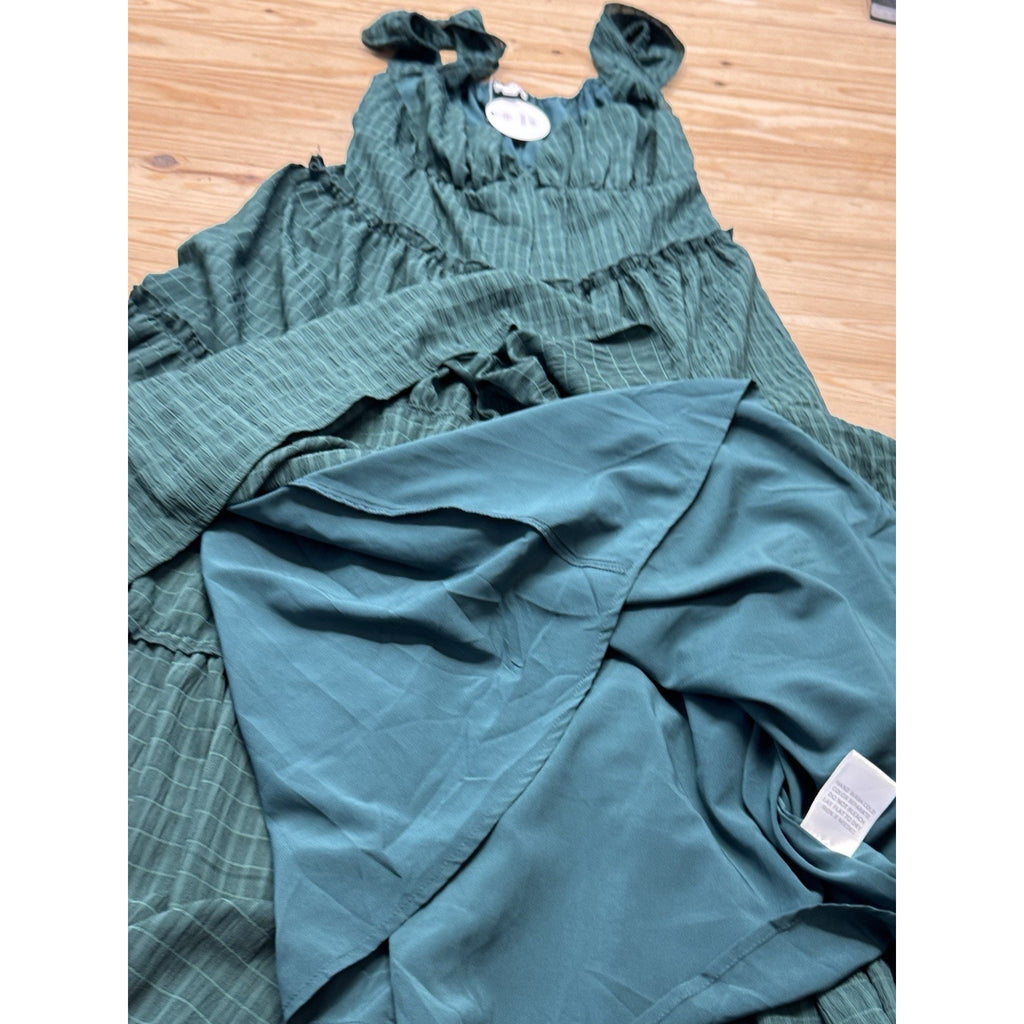 LE LIS Maxi Ruched Dress Hunter Green Ruffled Straps Tiered Size S NWT