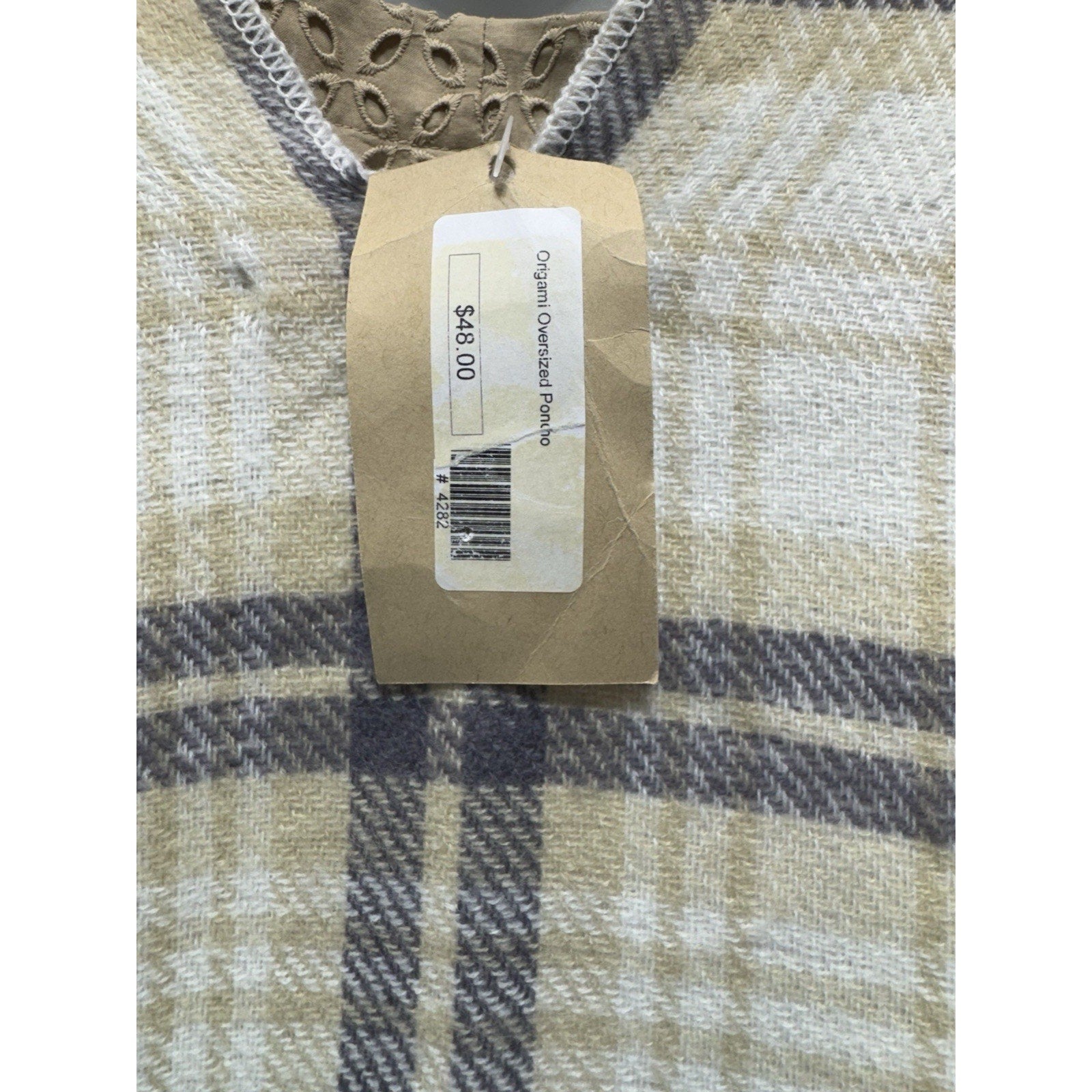 NWT Origami by Vivien Oversized Plaid Poncho Shawl Wrap Fringe One Size Ivory