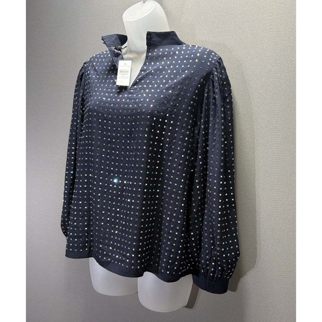 Ann Taylor Blouse Womens Small Blue Long Sleeve Rhinestone Sequin Top Shirt NWT