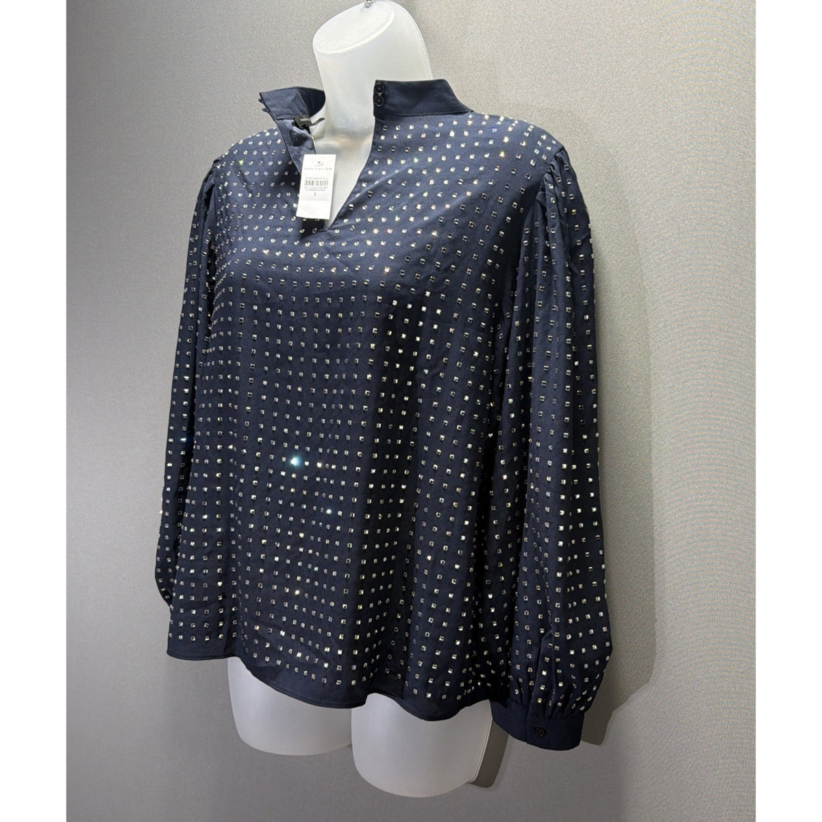 Ann Taylor Blouse Womens Small Blue Long Sleeve Rhinestone Sequin Top Shirt NWT