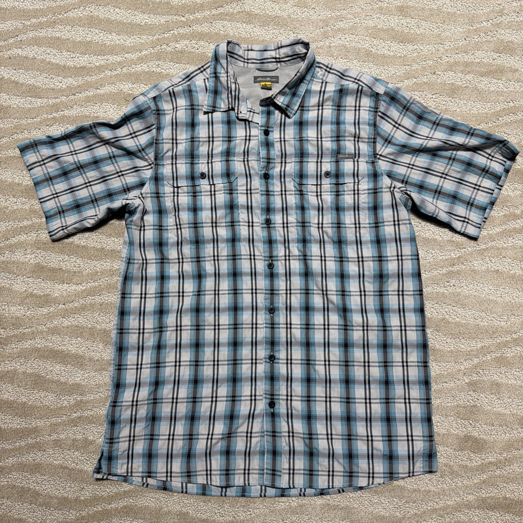Eddie Bauer Travex Shirt Men Large Tall Blue White Plaid Hiking Fishing Outdoor
