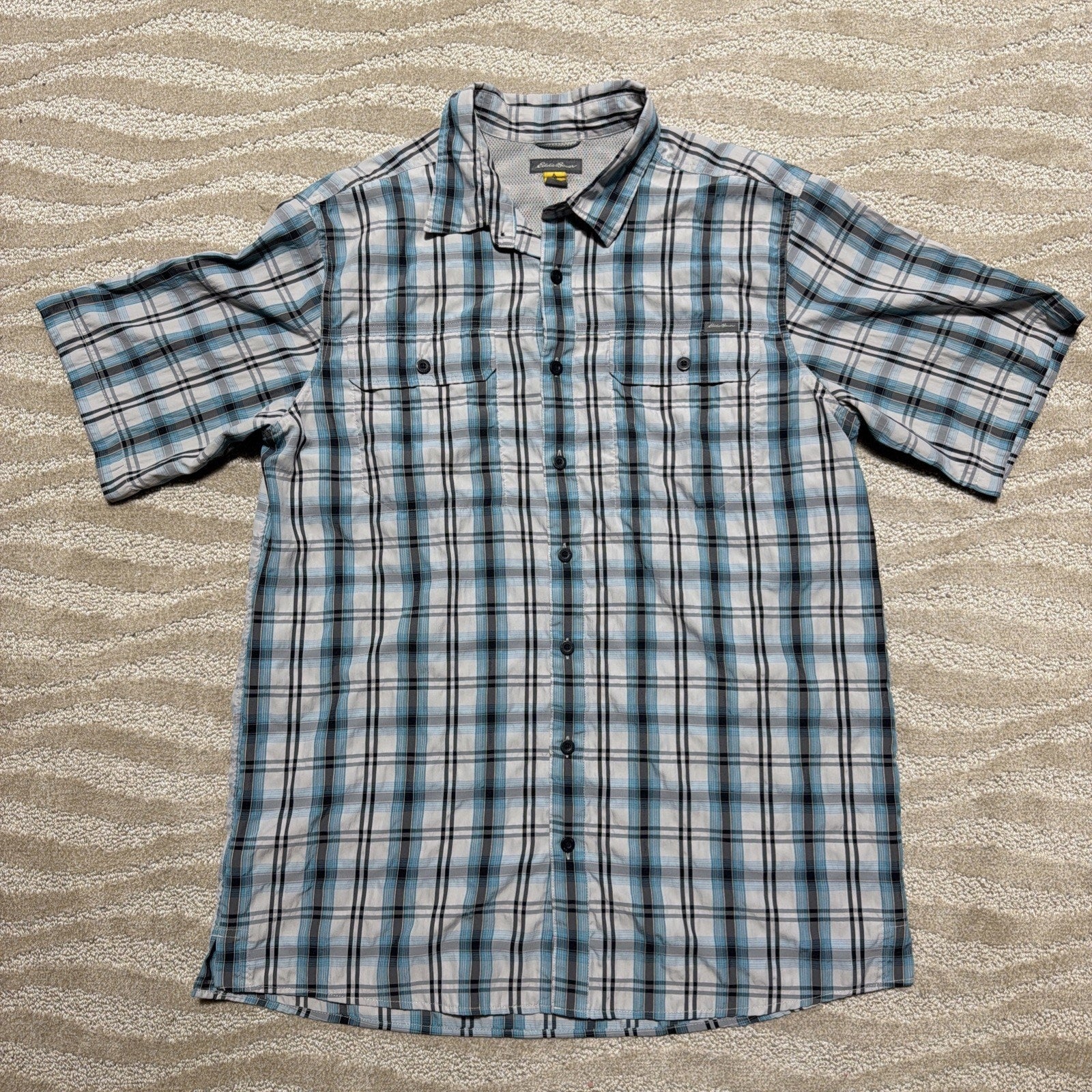 Eddie Bauer Travex Shirt Men Large Tall Blue White Plaid Hiking Fishing Outdoor