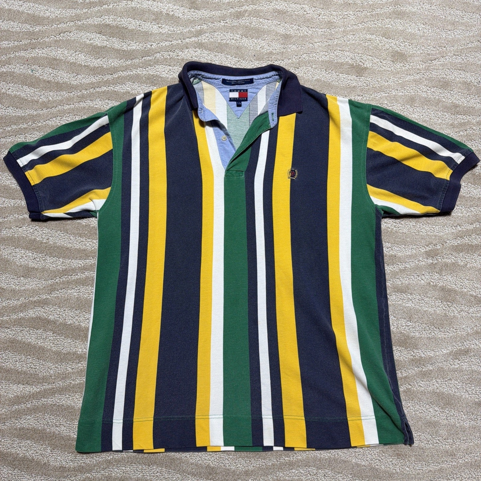 Vintage 90s Tommy Hilfiger Green White Faded Striped Polo Shirt Crest Mens L