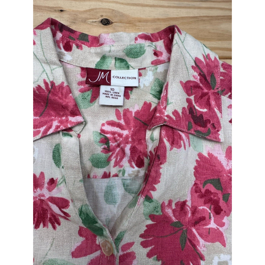 JM Collection Womens Linen Button Down Floral Blouse Sz 10