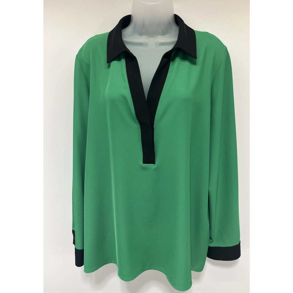 Calvin Klein Green Black Trim Long Sleeve V-Neck Womens Tunic Top Size 16