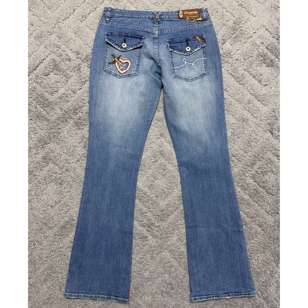 Luxirie By LRG Bootcut Lowrise Embroidered Jeans Blue Medium Wash Womens 31x32