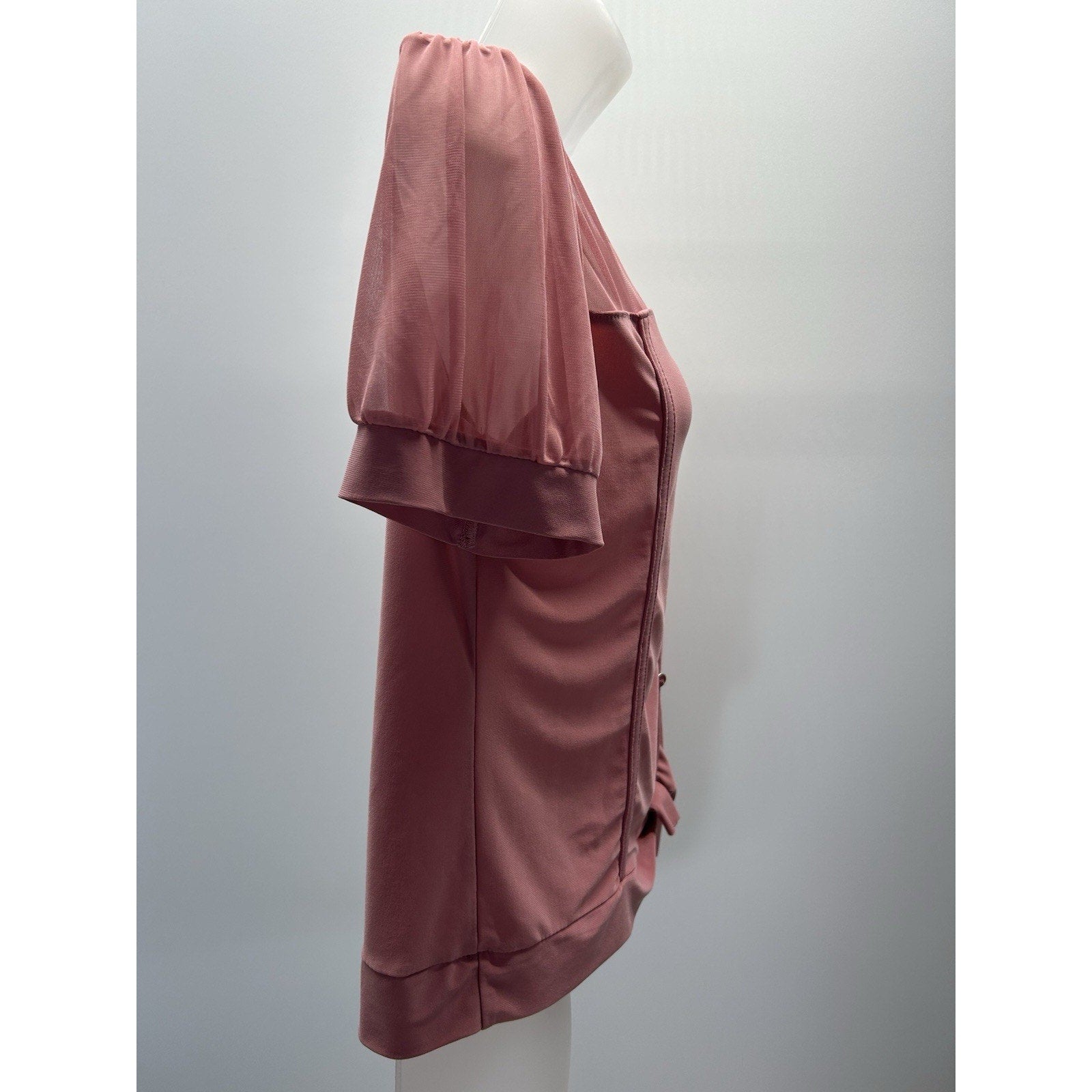 Adele and May Dusty Pink Top Blouse Size M Puff Sheer Sleeves Stretch