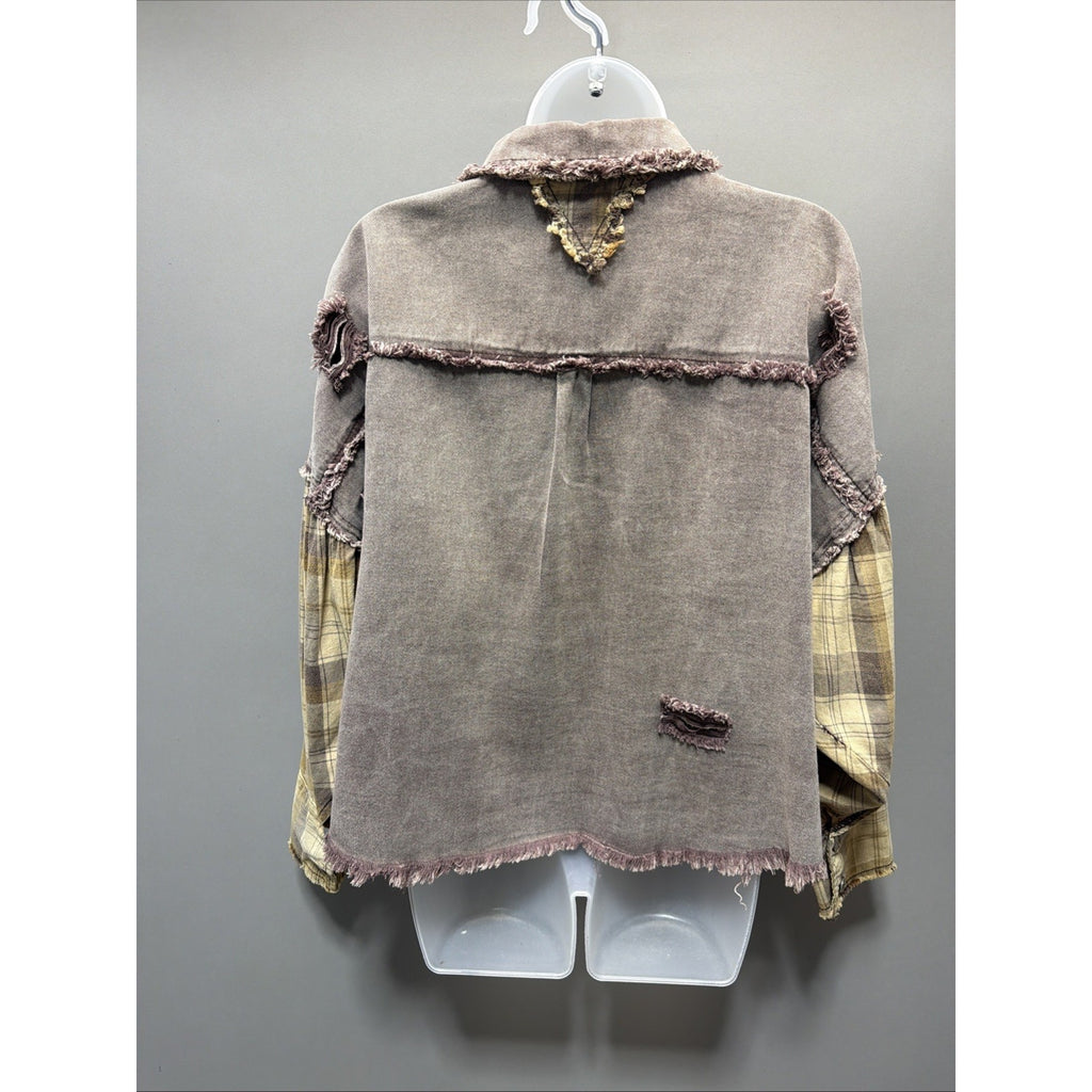 POL Oversized Plaid Sleeve Raw Edge Shirt Jacket Size S