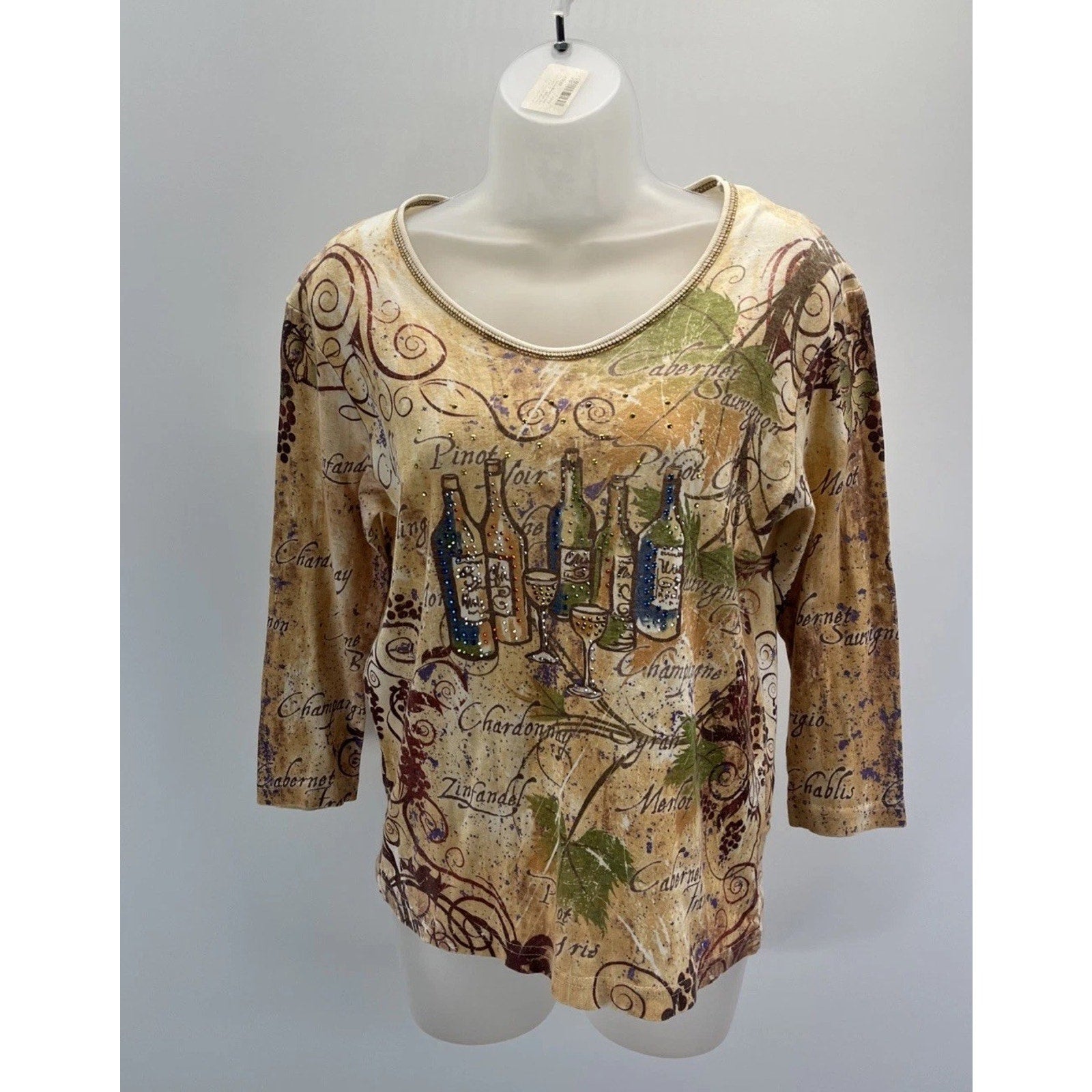 Cactus Bay Tattoo Print Womens S 3/4 Sleeve Top Merlot Wine Glasses Made USA