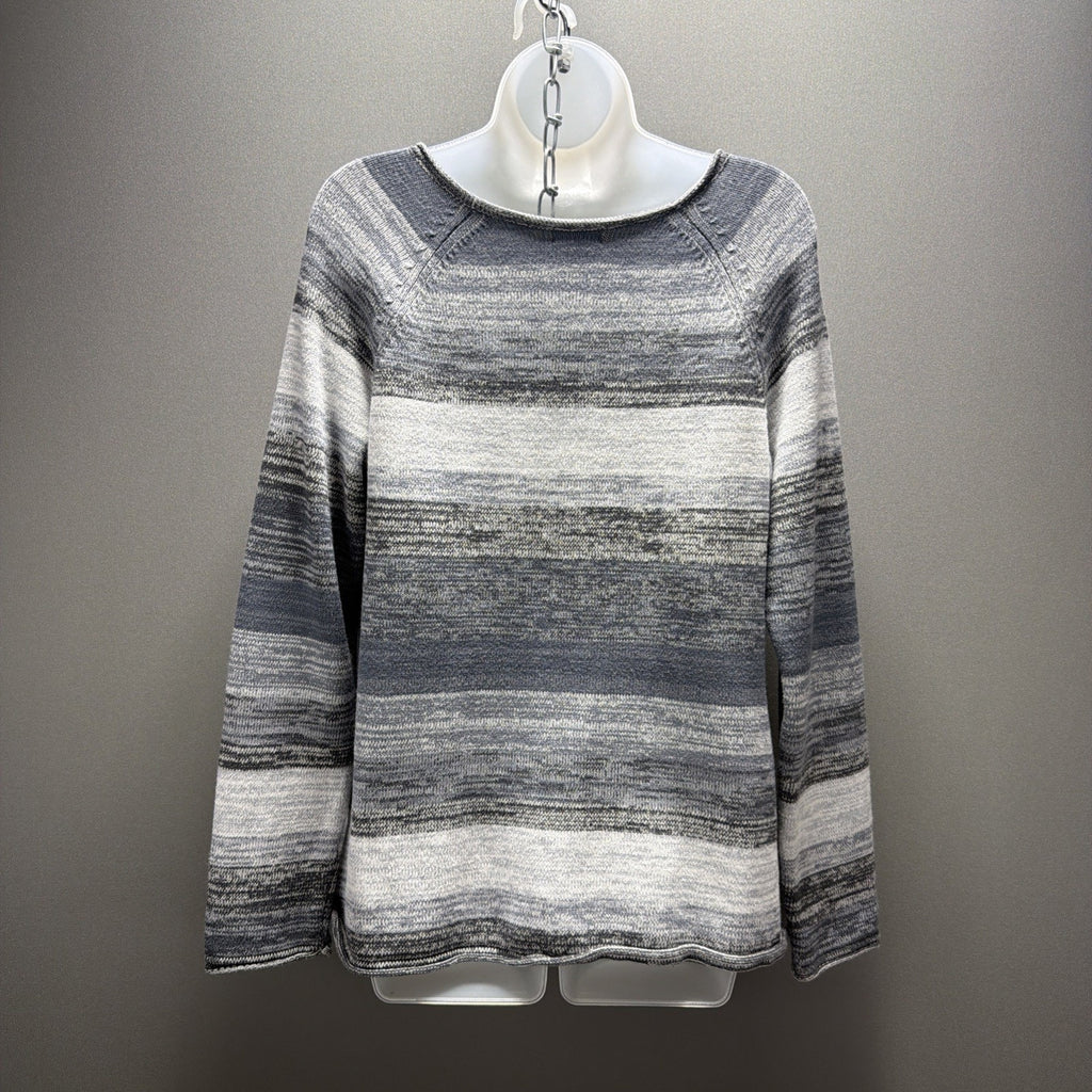 Eddie Bauer Womens M Gray Stripe Cotton Nylon Notch Neck Lightweight Sweater