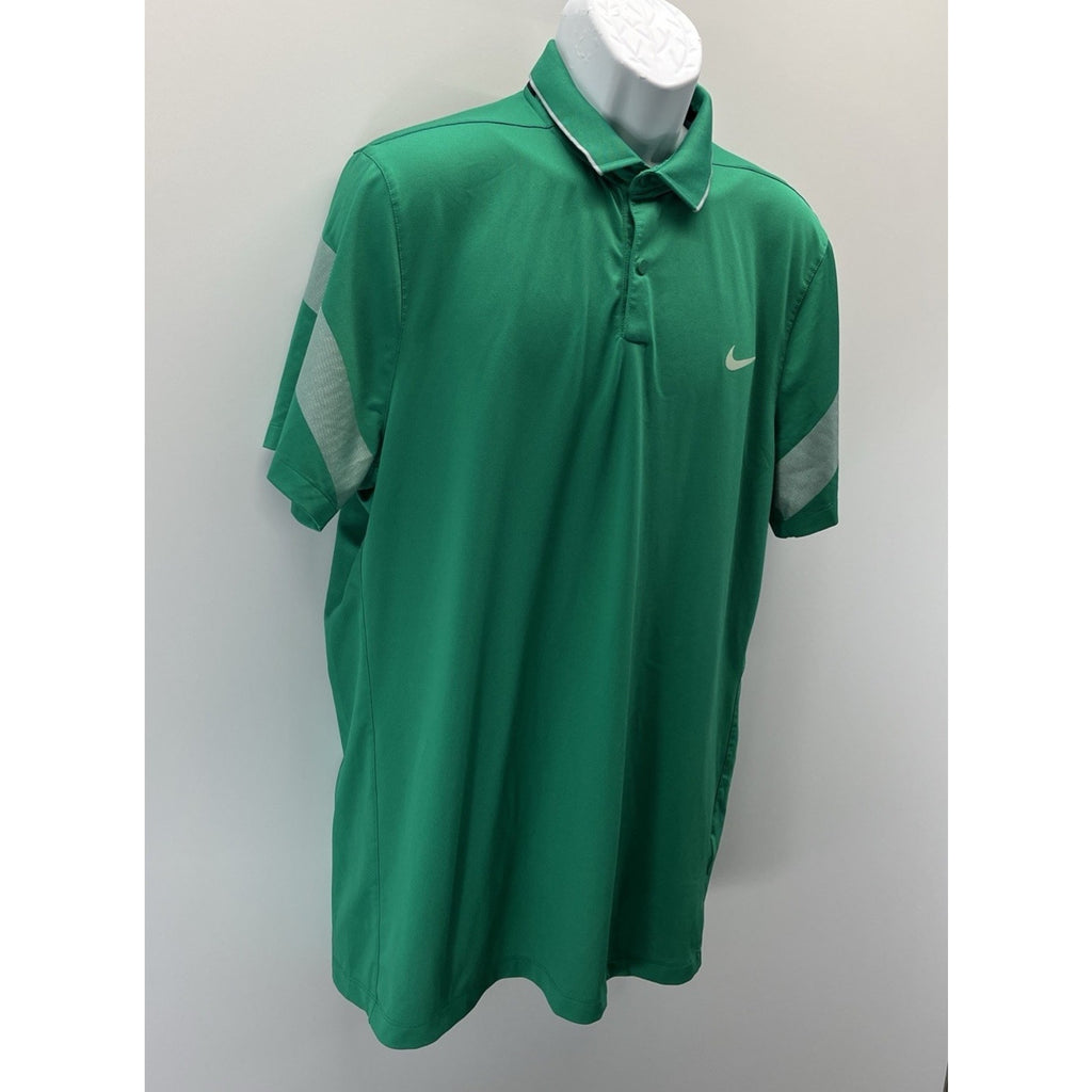 NIKE DRI FIT SS GOLF POLO Shirt Mens XL Green & Grey Trim Snap Button