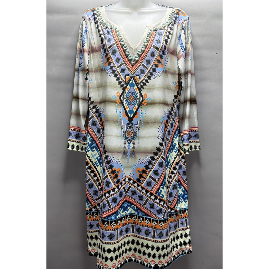 Hale Bob V-Neck Long Sleeve Dress Stretch Knee Length Beaded Multicolor Large