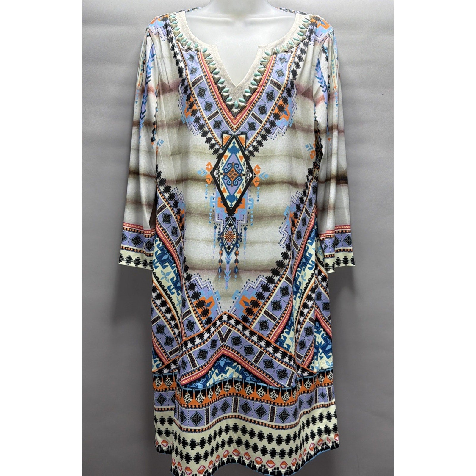 Hale Bob V-Neck Long Sleeve Dress Stretch Knee Length Beaded Multicolor Large