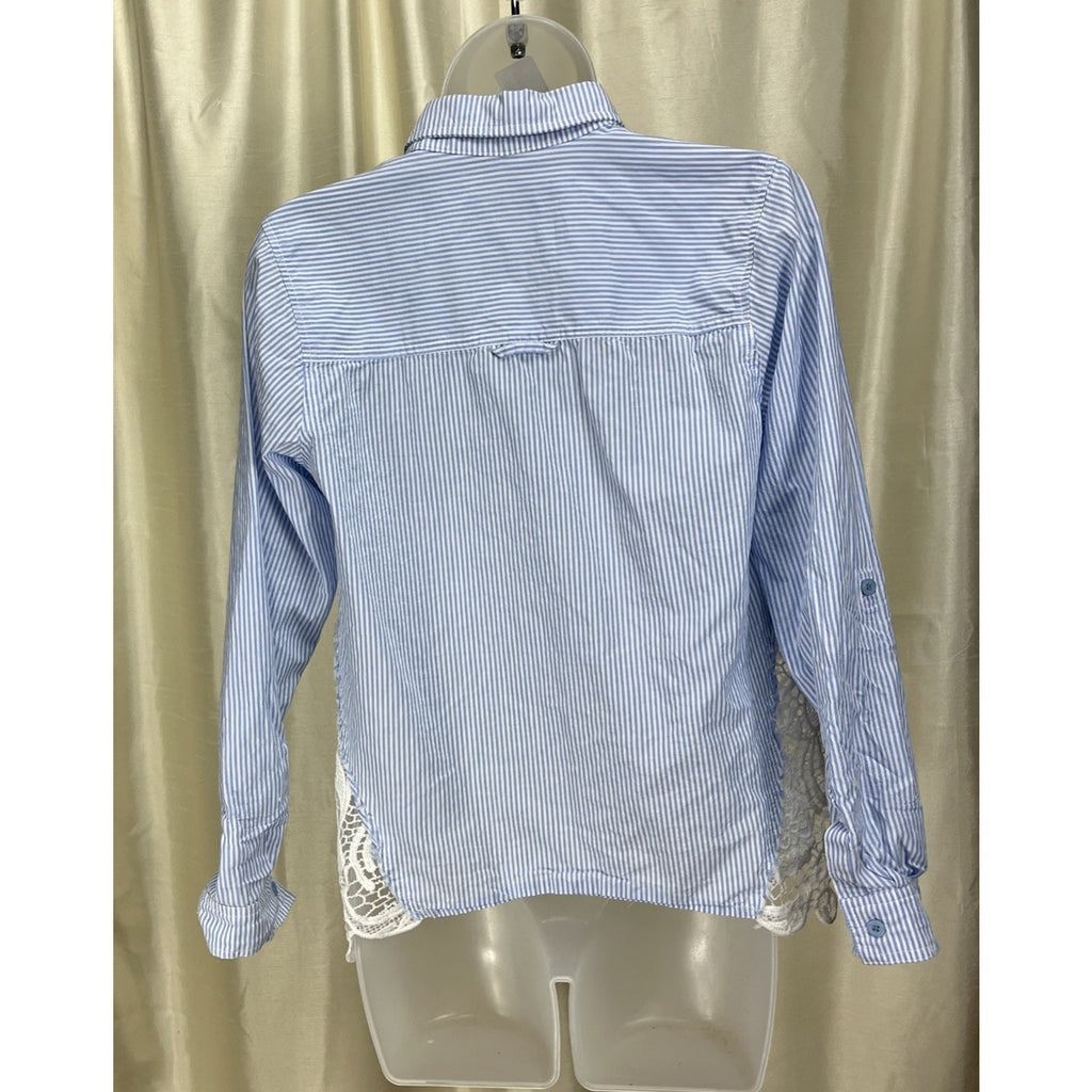 R N B Pinstripe Blue And White Lace Button Down Longsleeve Shirt Women’s Size M