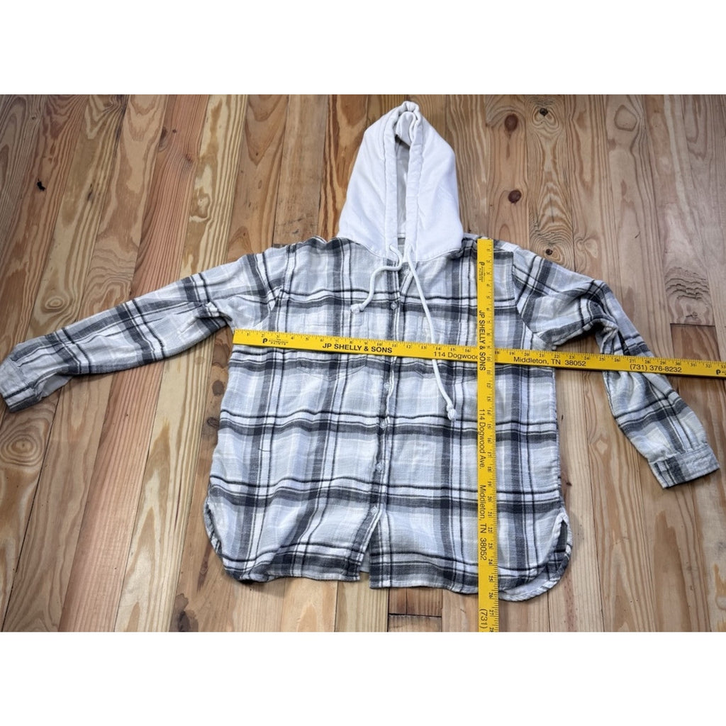 American Eagle Women's Hooded Plaid Button Up Shirt Cream Grey Medium