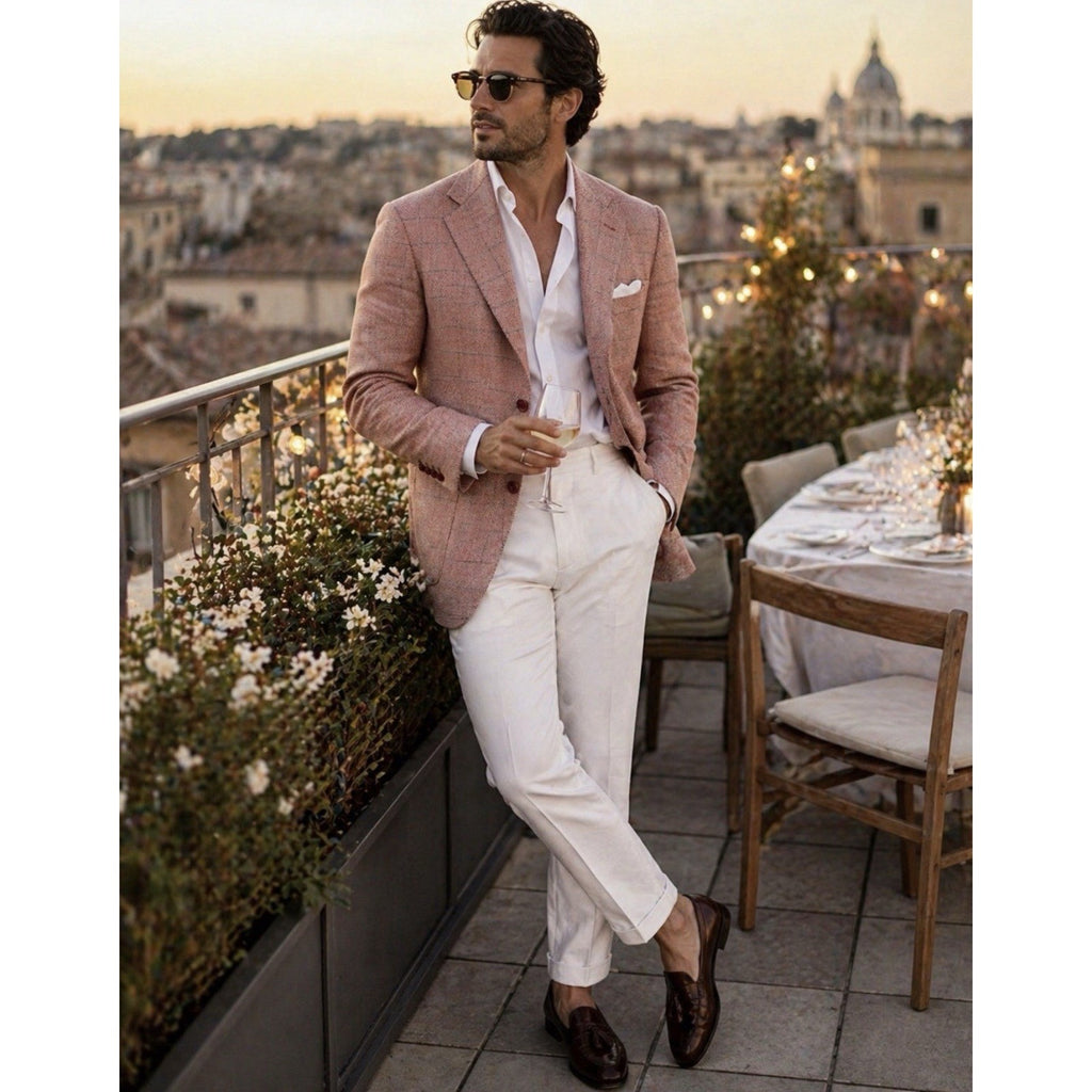 NWT Raspinni Uomo 100% Merino Wool Sport Coat Blazer Mens 44L Pink Windowpane