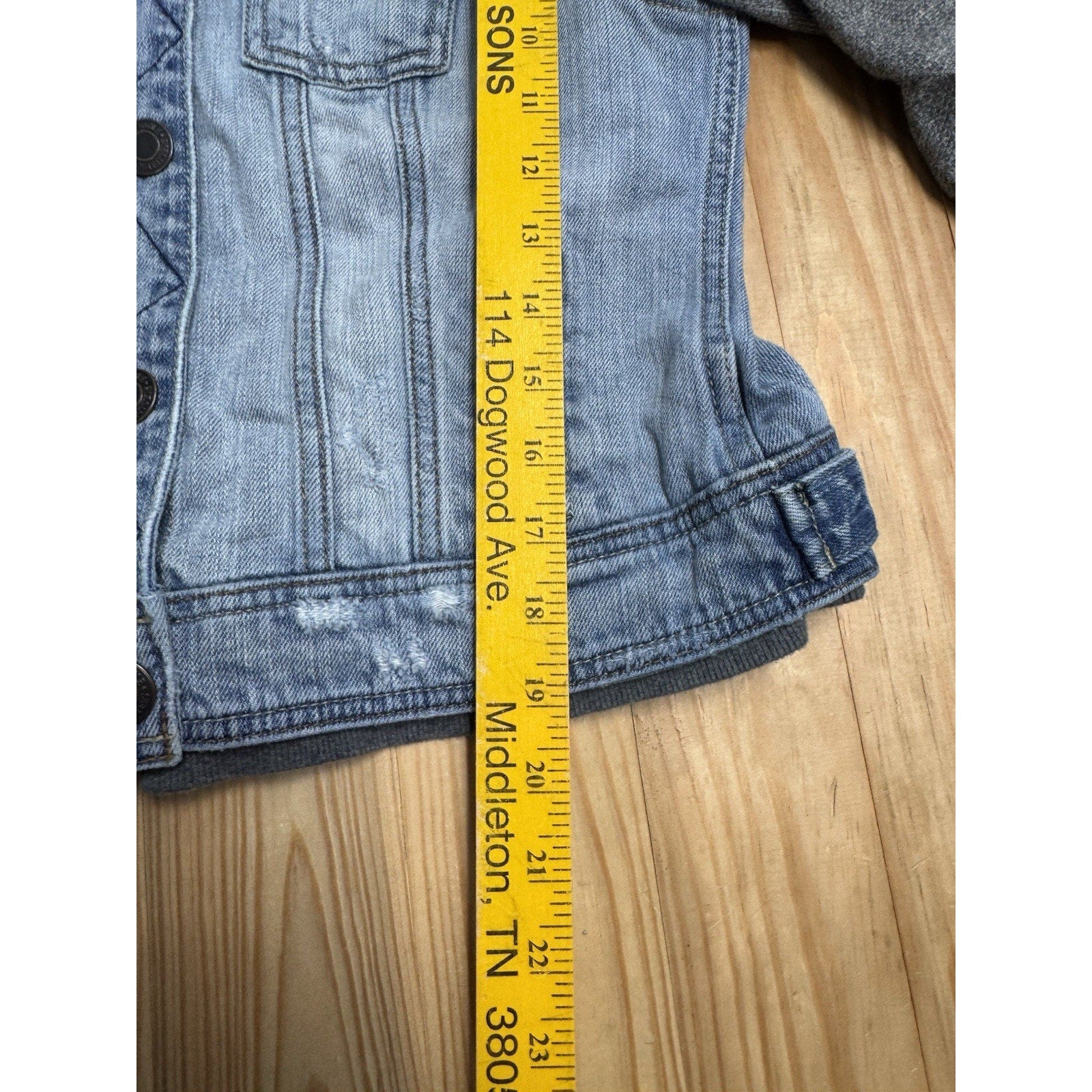 American Eagle Hooded Denim Jacket Size Juniors Medium Gray Fabric Sleeves