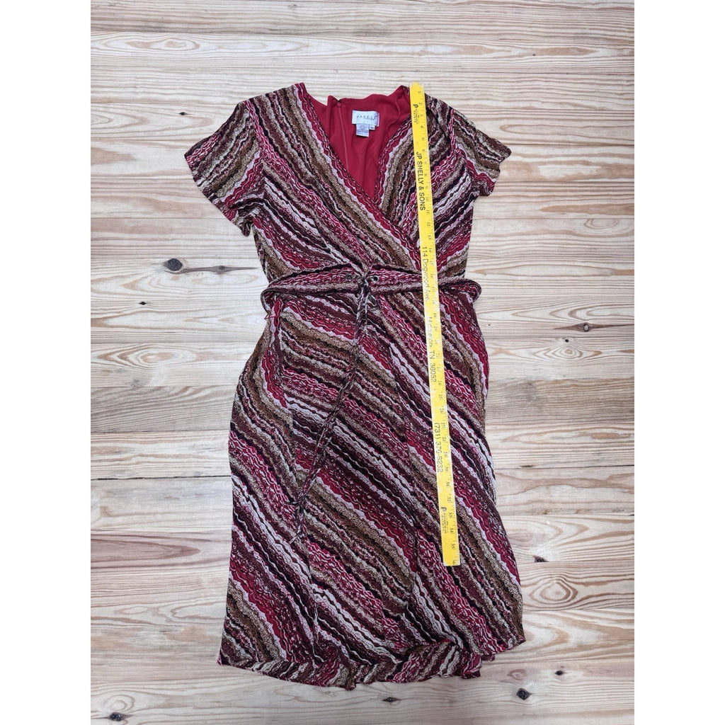 Adrianna Papell Silk Belted Red Brown Striped Print Dress Women’s Size 16