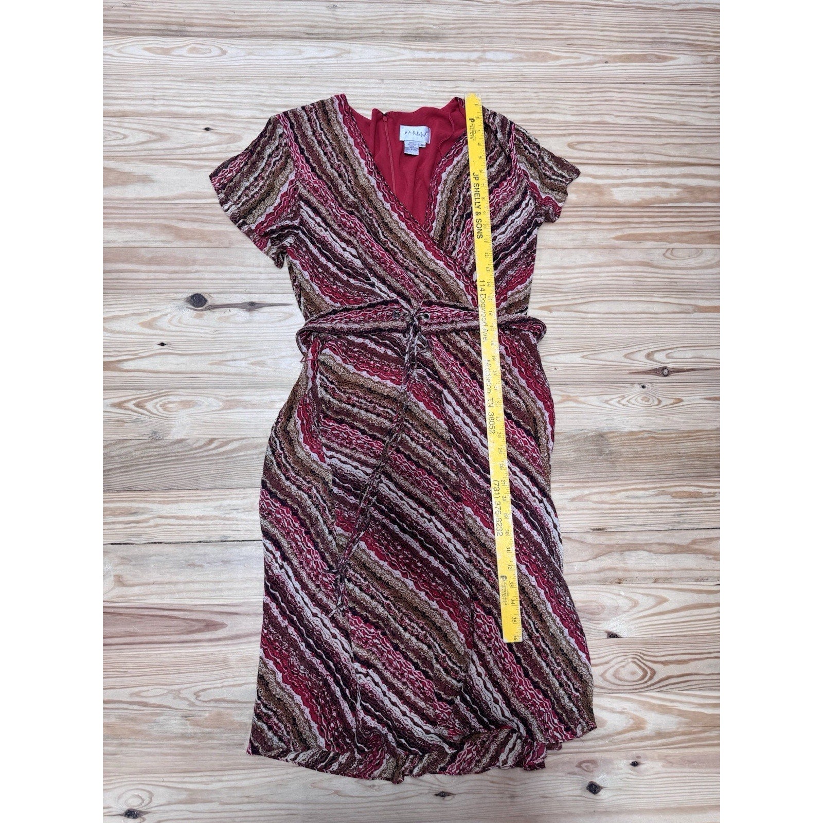 Adrianna Papell Silk Belted Red Brown Striped Print Dress Women’s Size 16