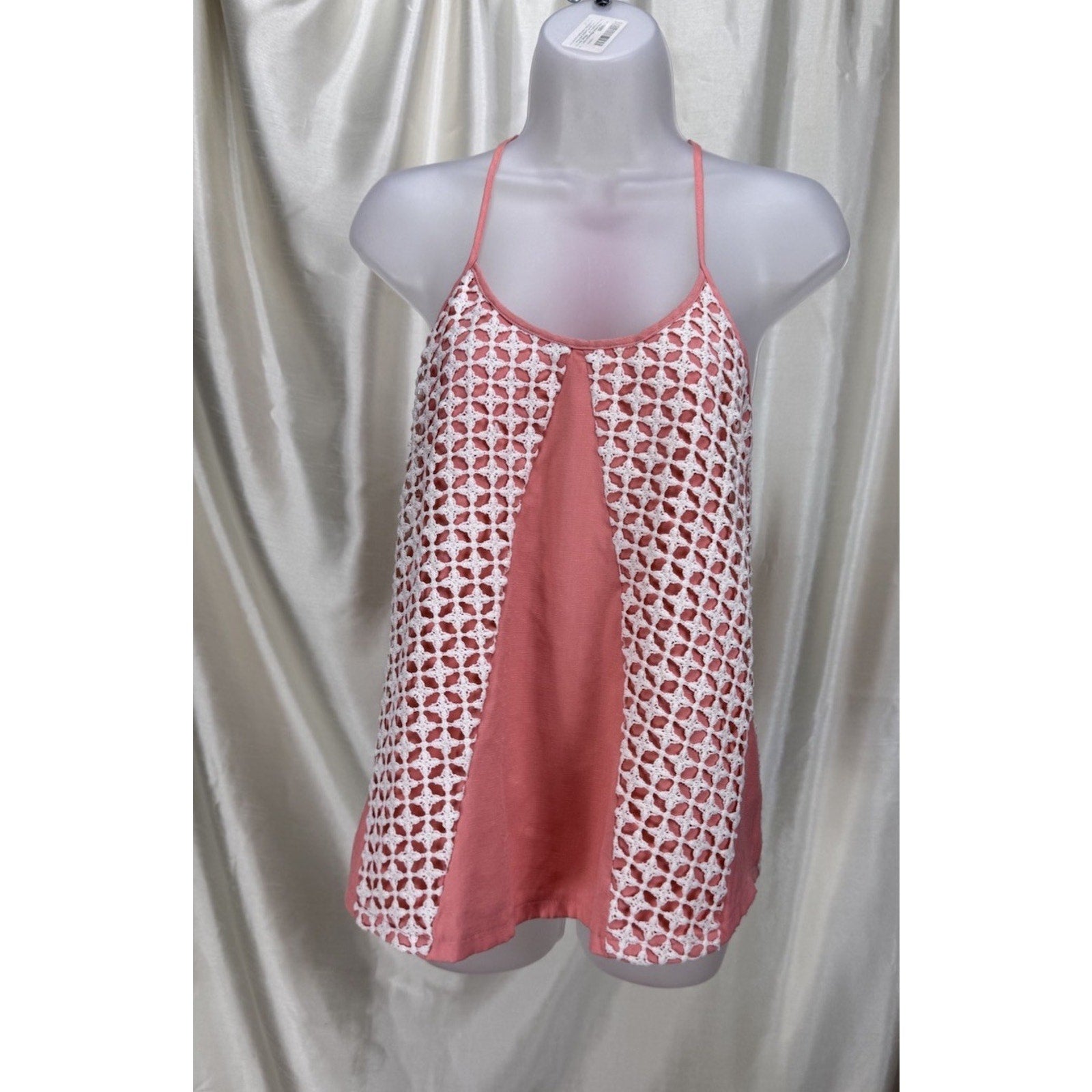 Mi Ami Peach & Ivory Geometric Crochet Small Tank top