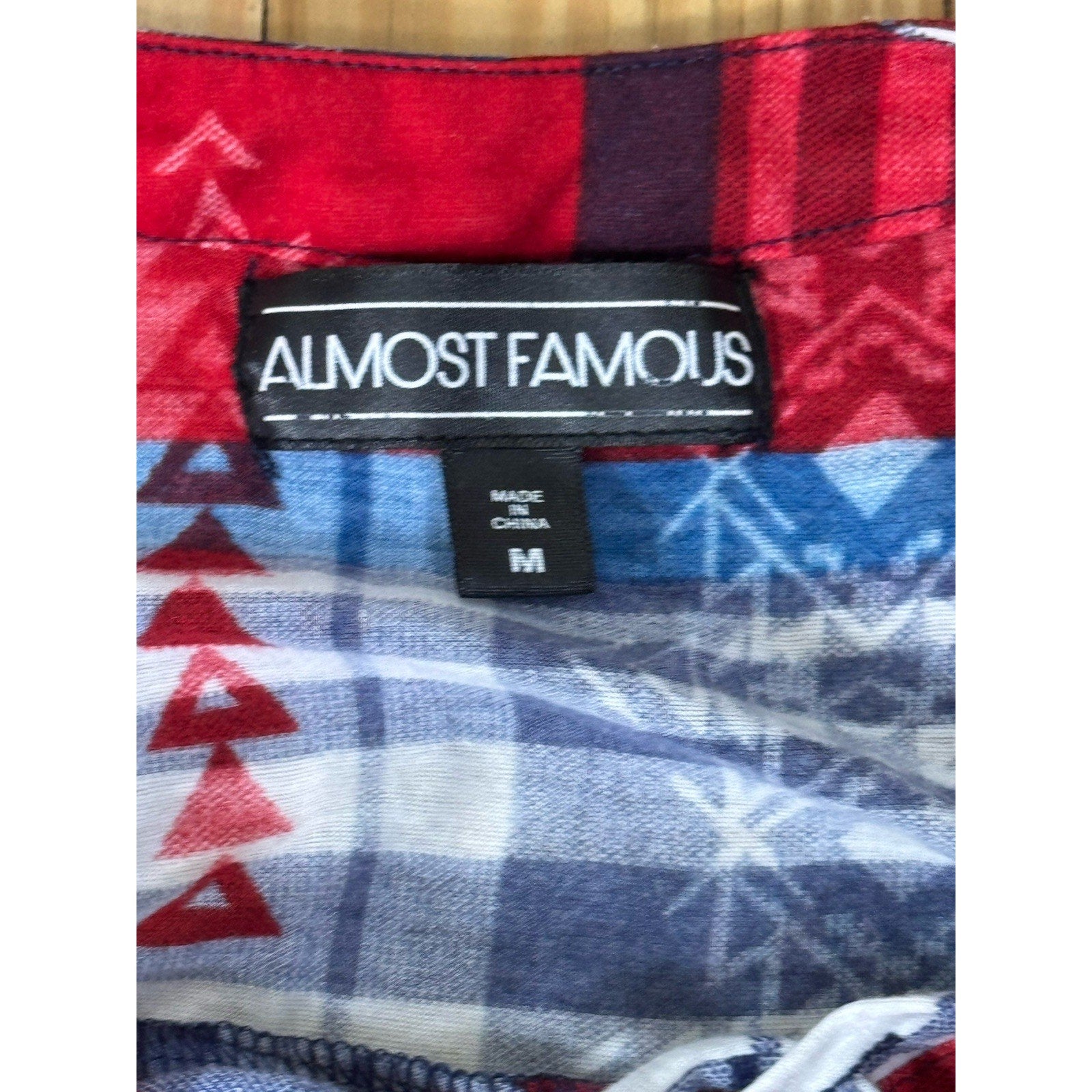 Almost Famous Blouse Women's Medium Plaid Sleeveless Lace Up Red & Blue Button