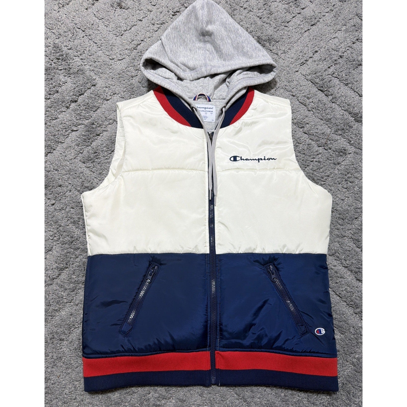 Champion Puffer Vest Womens Medium Hooded Colorblock Red White Blue Full Zip
