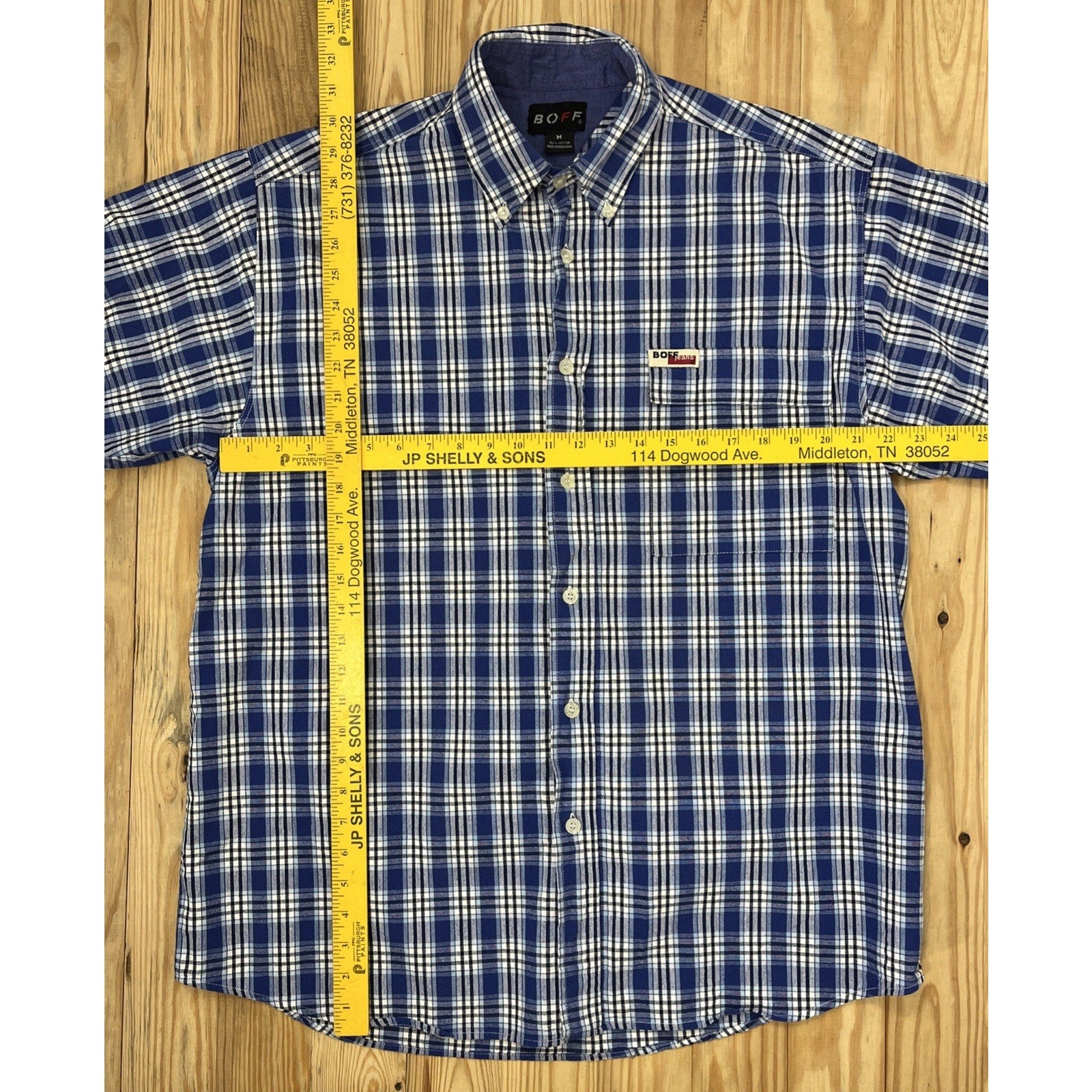 BOFF Button Down Shirts Men's Size M Casual Plaid Blue Short Sleeve Pocket EUC