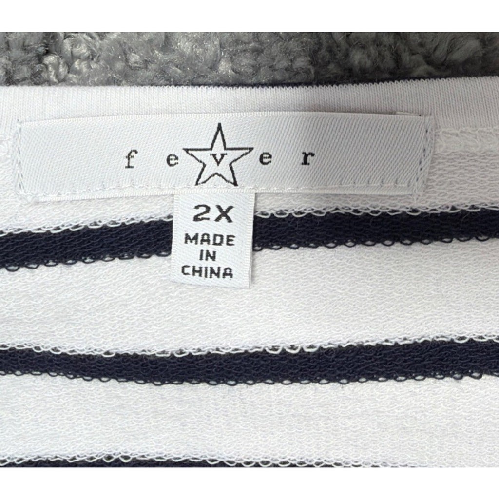 Women's Fever White&Navy Striped Rose Embroidered French Terry Shirt 2X New