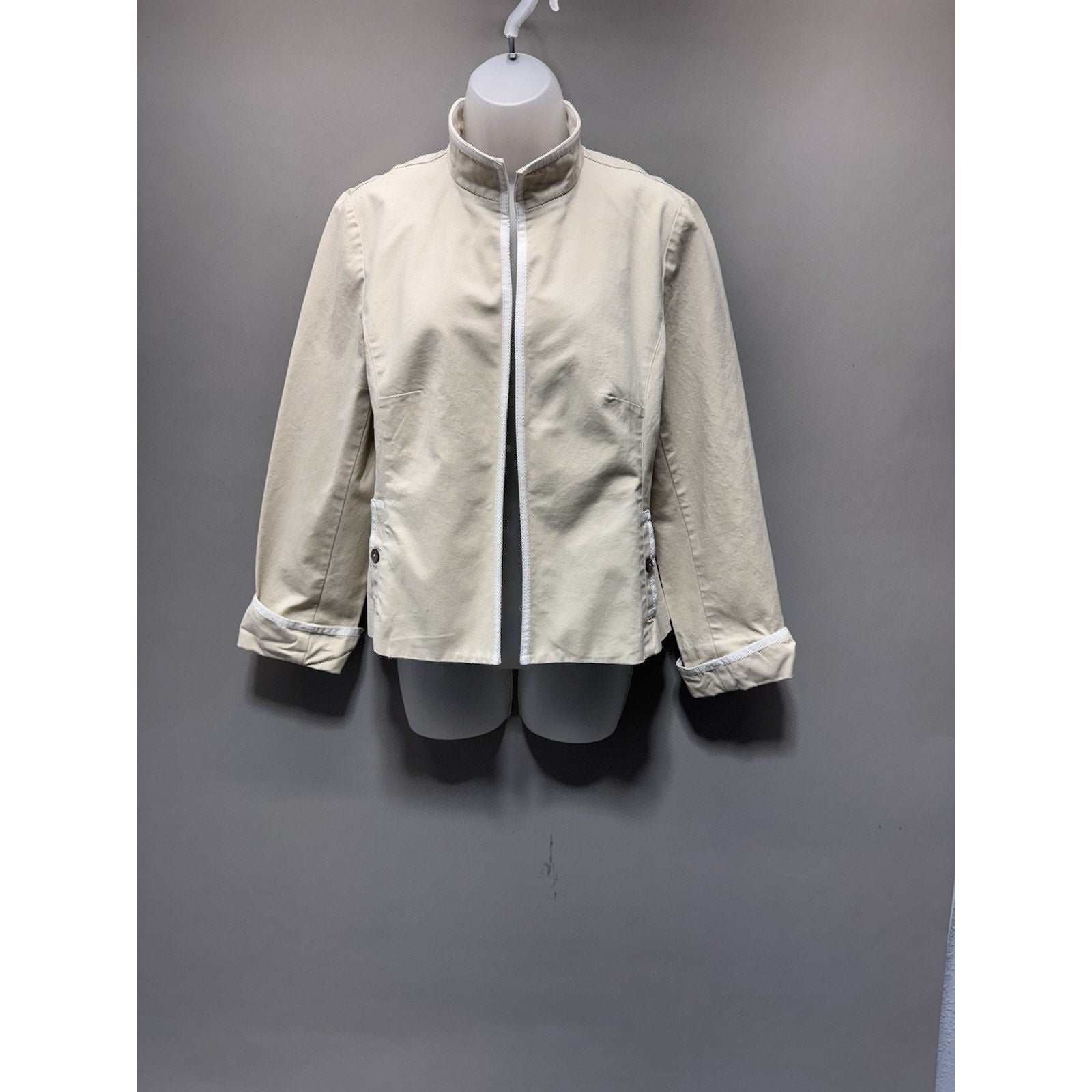 Nina McLemore Beige Cotton Blend Jacket Womens Large Stand Collar Career