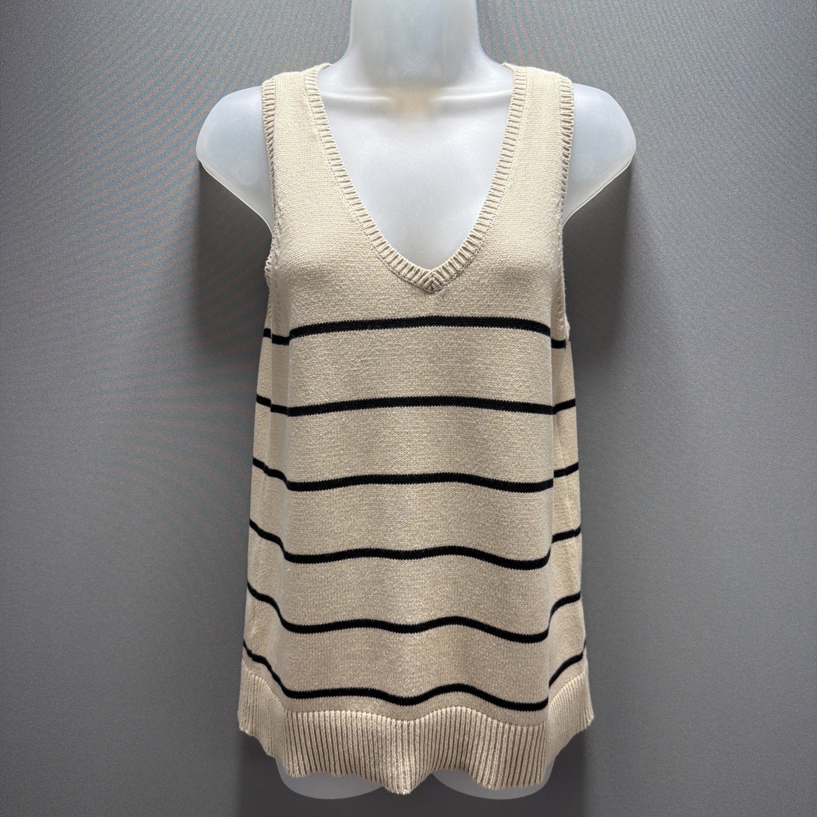 Loft Outlet Tan Knit Coastal Stripe Sweater Vest Sleeveless V neck Size Medium